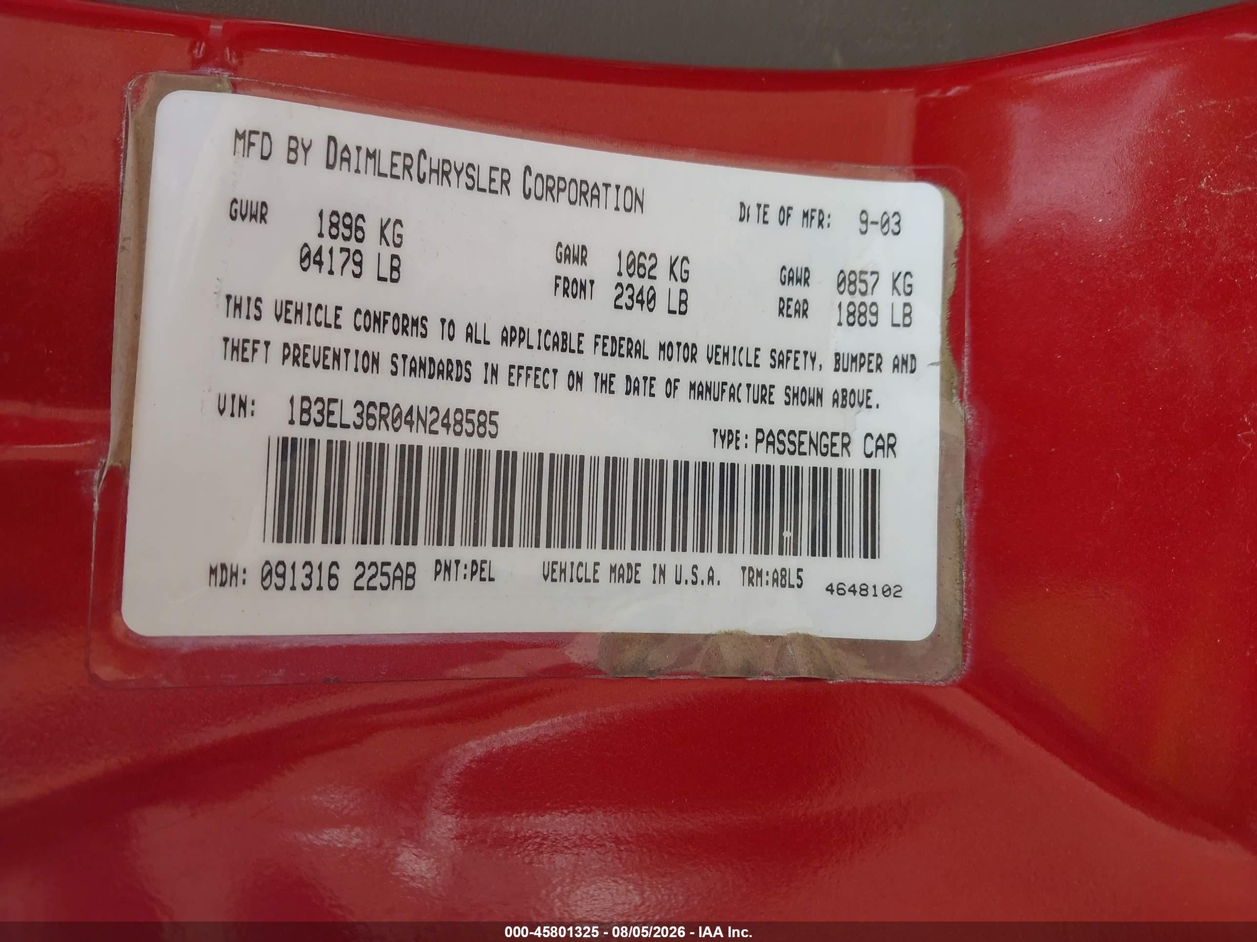 2004 Dodge Stratus Se Red vin: 1B3EL36R04N248585