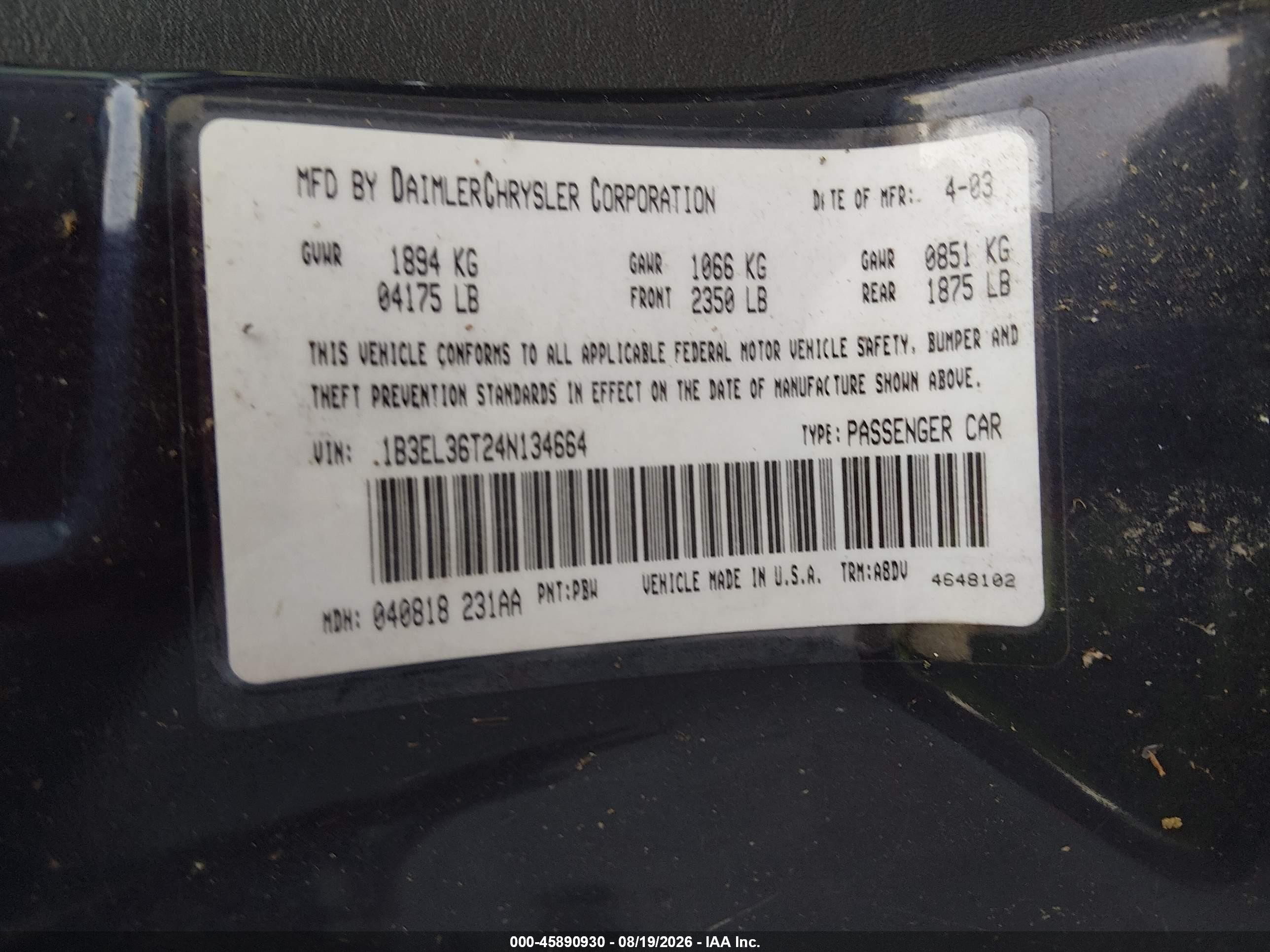 2004 Dodge Stratus Se Blue vin: 1B3EL36T24N134664