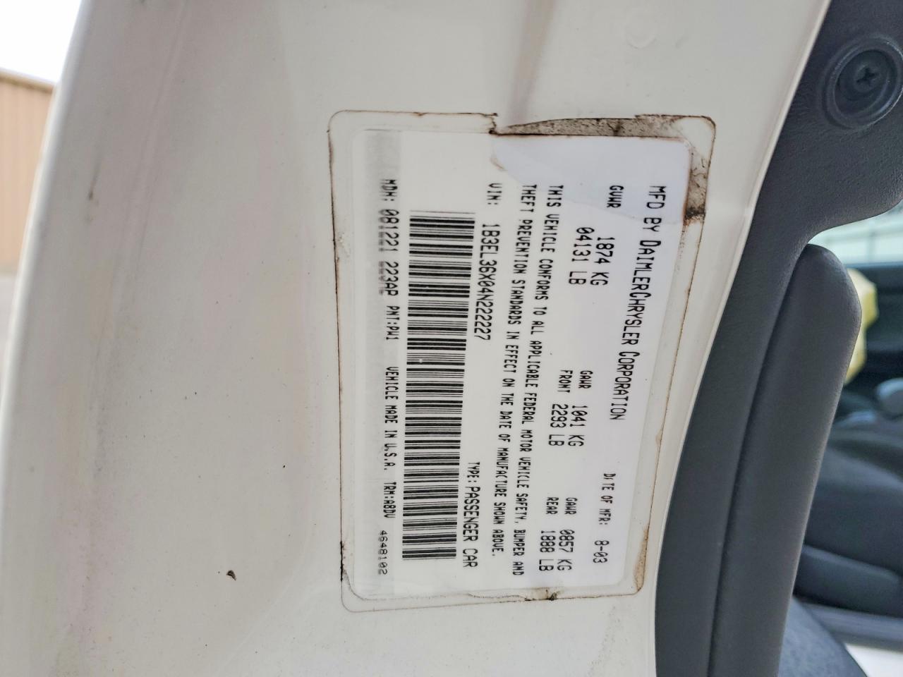 2004 Dodge Stratus Se White vin: 1B3EL36X04N222227