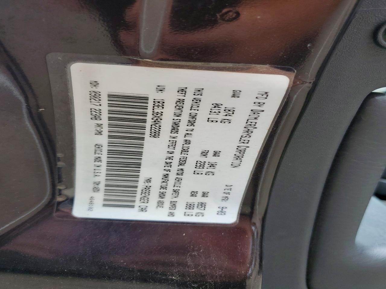2004 Dodge Stratus Se Purple vin: 1B3EL36X94N222890