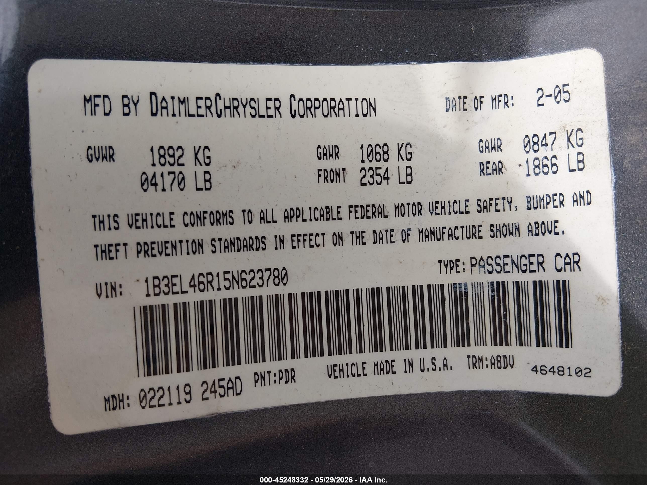 2005 Dodge Stratus Sxt Gray vin: 1B3EL46R15N623780