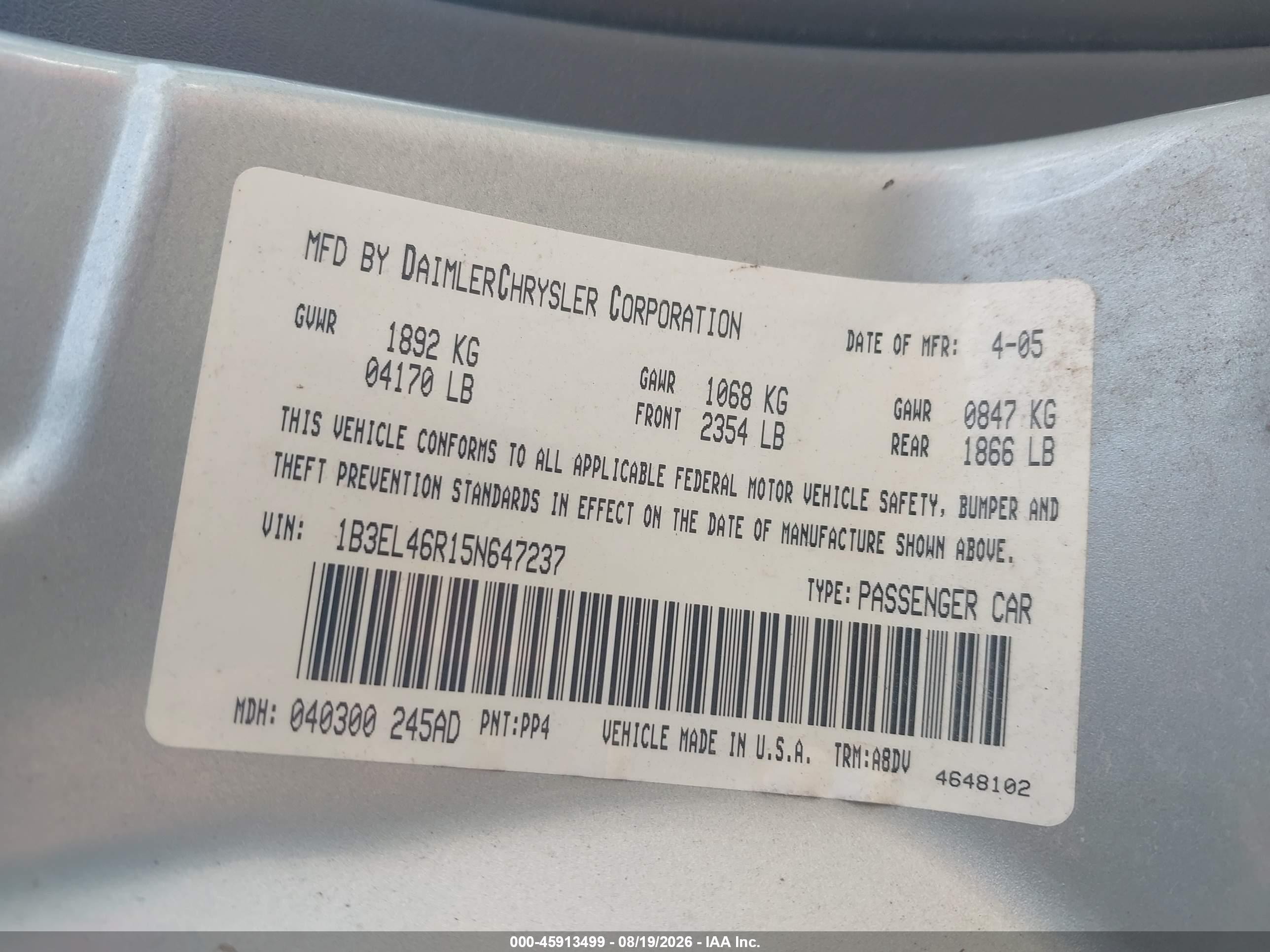 2005 Dodge Stratus Sxt Green vin: 1B3EL46R15N647237