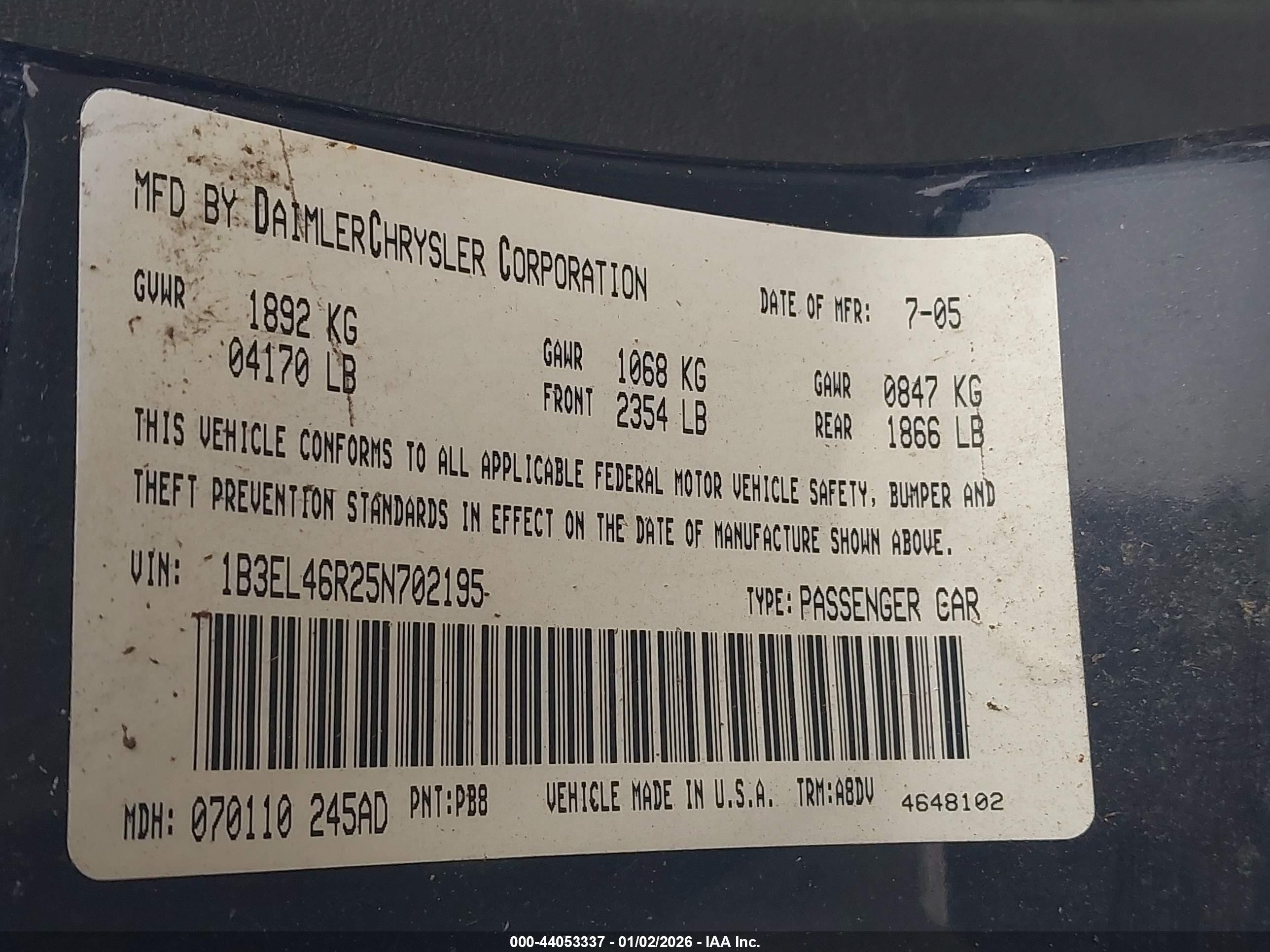 2005 Dodge Stratus Sxt Black vin: 1B3EL46R25N702195