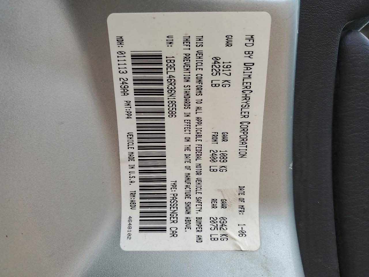 2006 Dodge Stratus Sxt Silver vin: 1B3EL46R36N185586