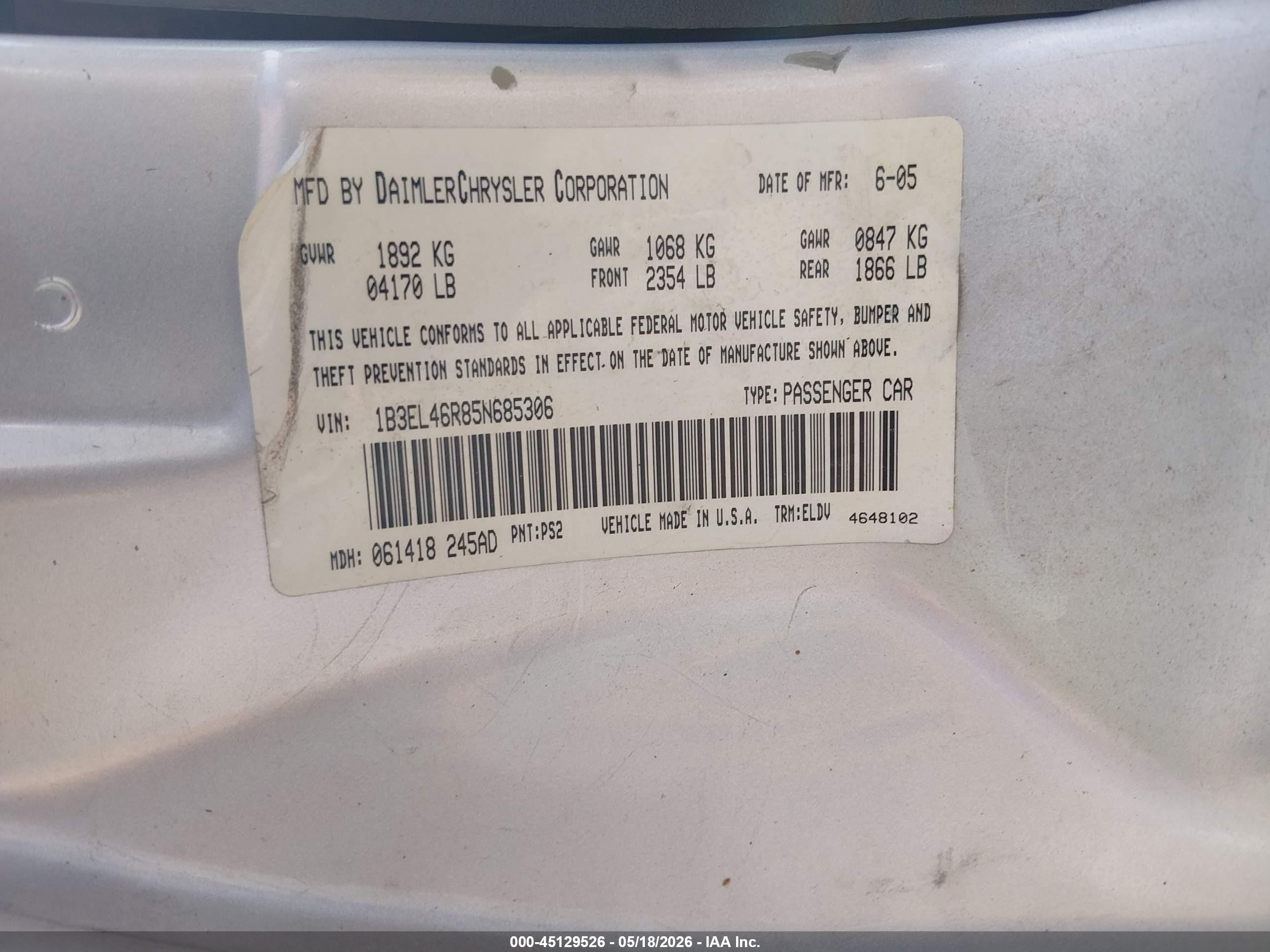 2005 Dodge Stratus Sxt Серебряный vin: 1B3EL46R85N685306