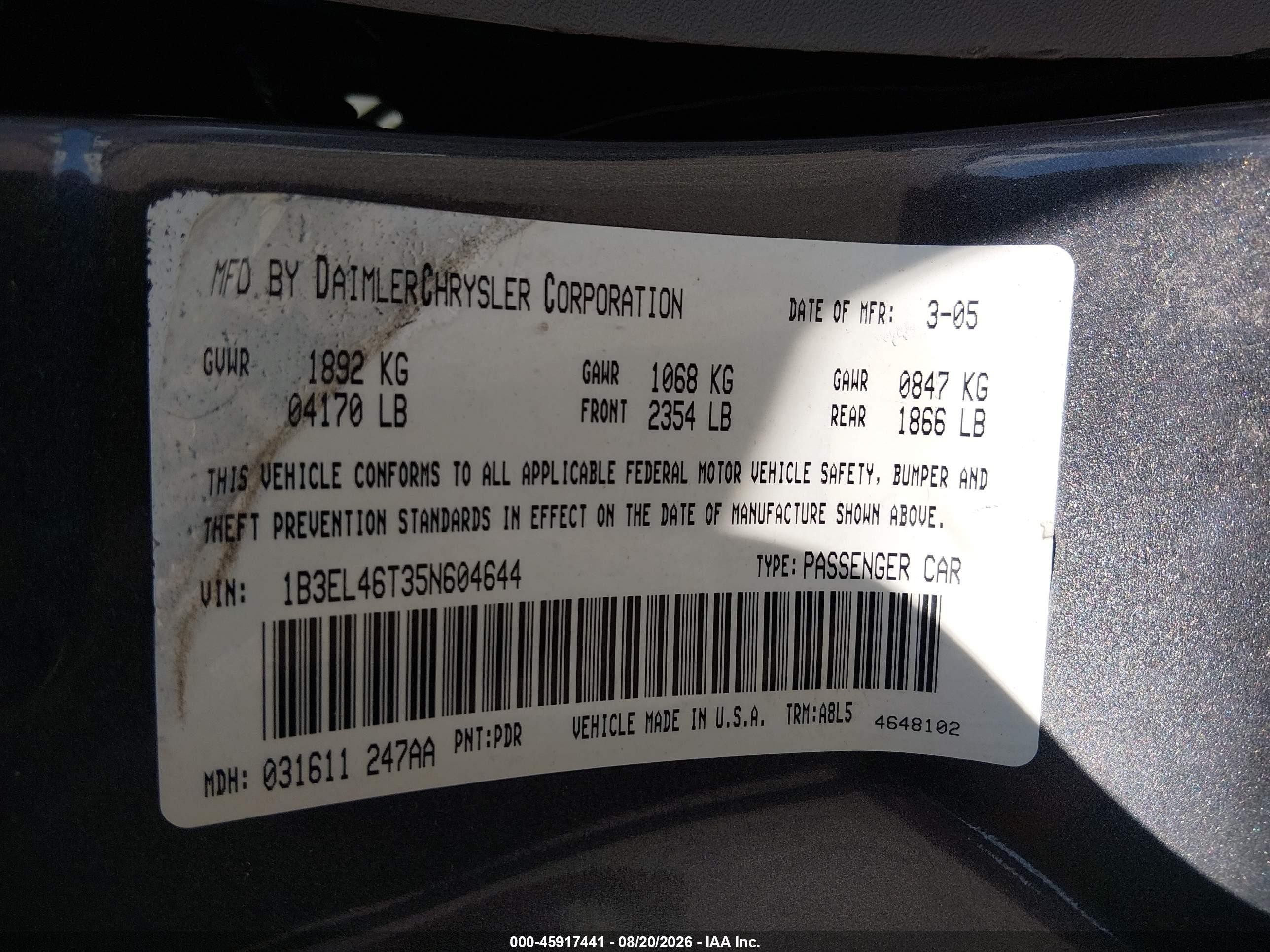 2005 Dodge Stratus Sxt Gray vin: 1B3EL46T35N604644