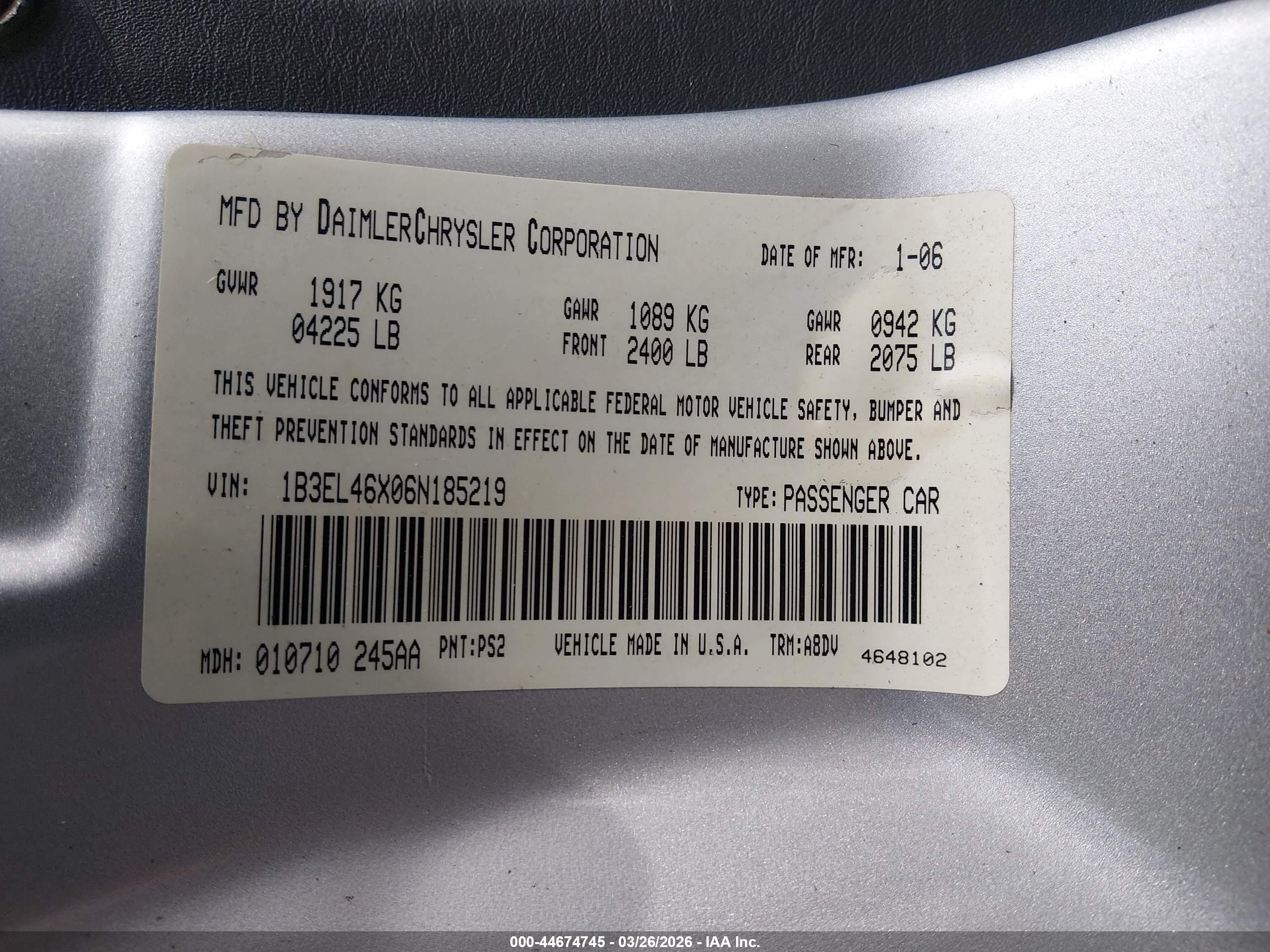 2006 Dodge Stratus Sxt Silver vin: 1B3EL46X06N185219
