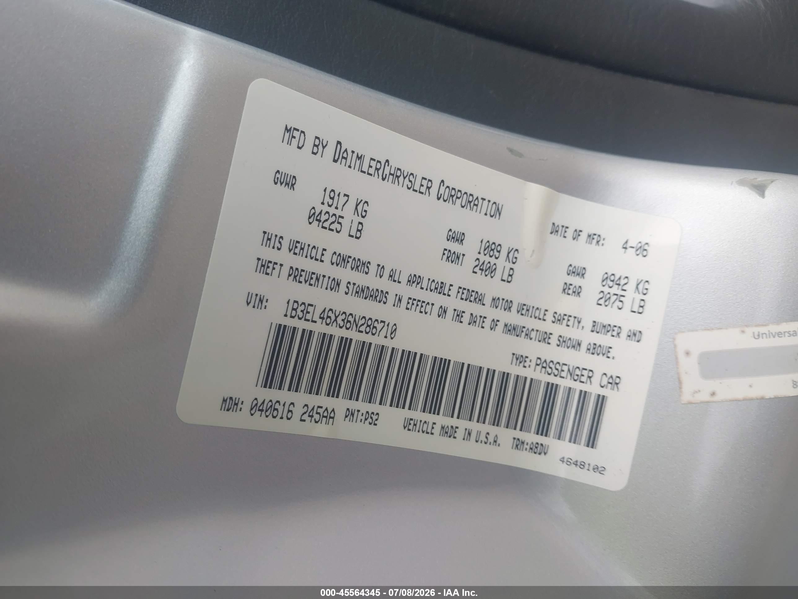 2006 Dodge Stratus Sxt Silver vin: 1B3EL46X36N286710