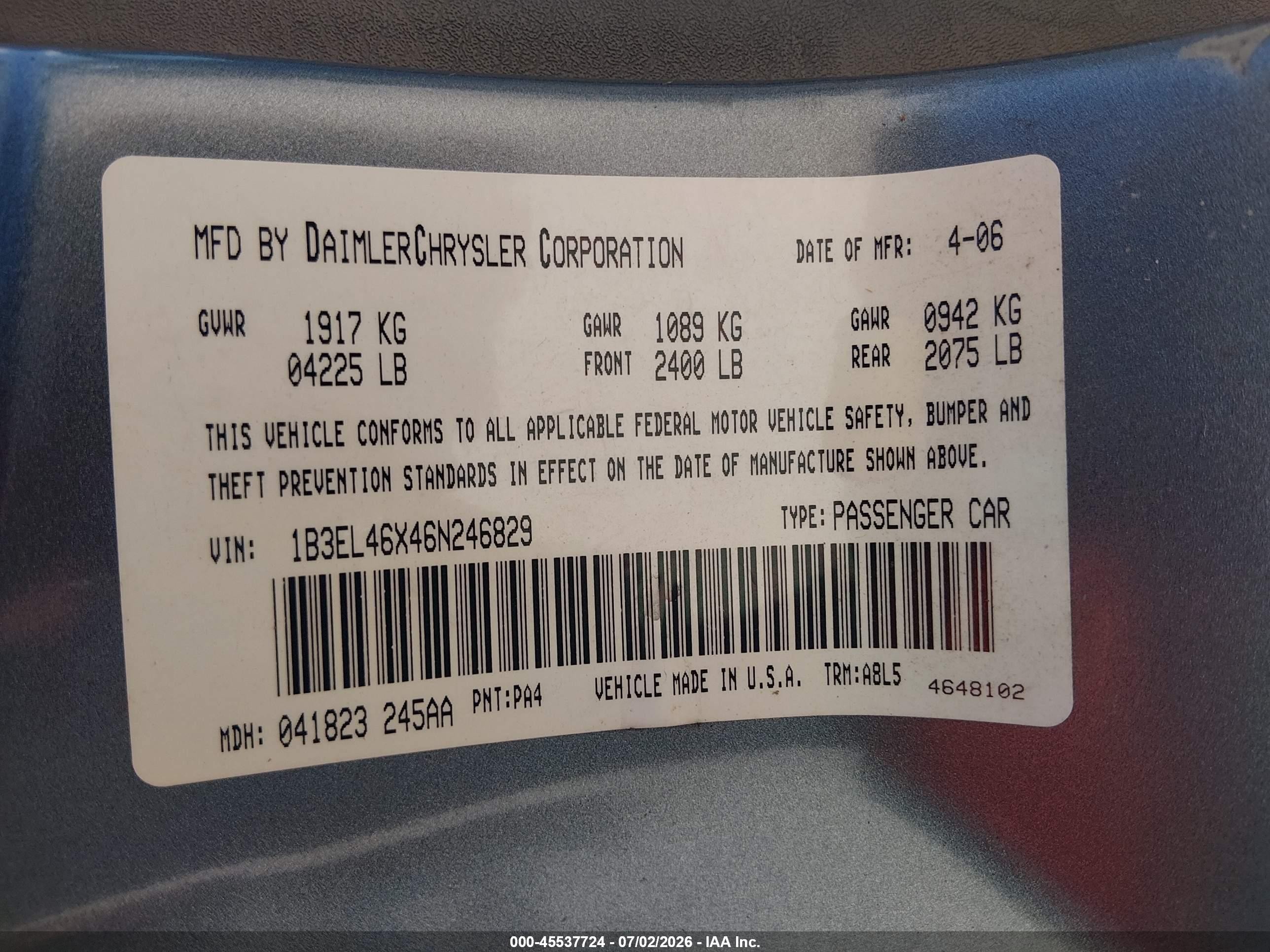 2006 Dodge Stratus Sxt Gray vin: 1B3EL46X46N246829