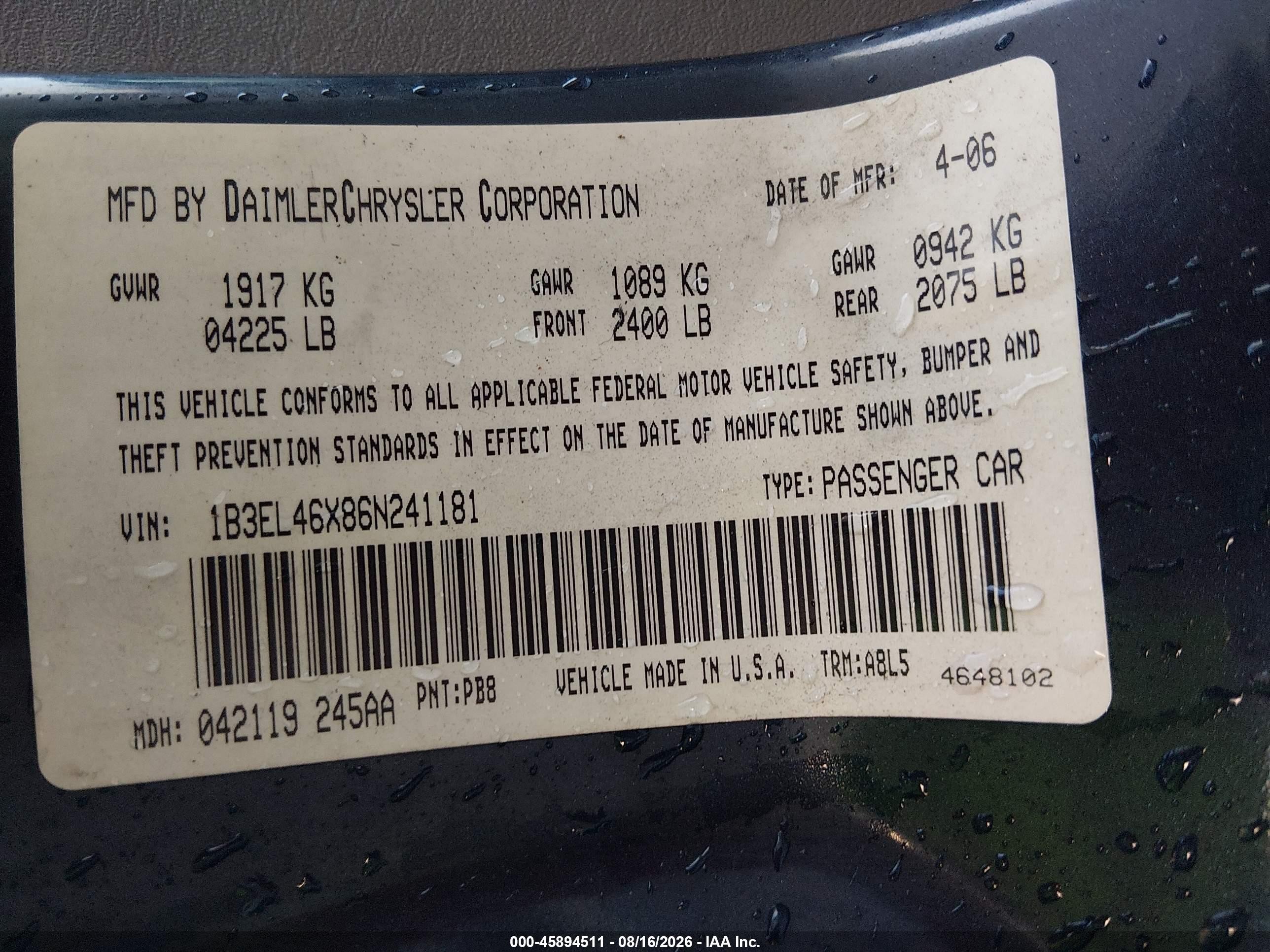 2006 Dodge Stratus Sxt Blue vin: 1B3EL46X86N241181