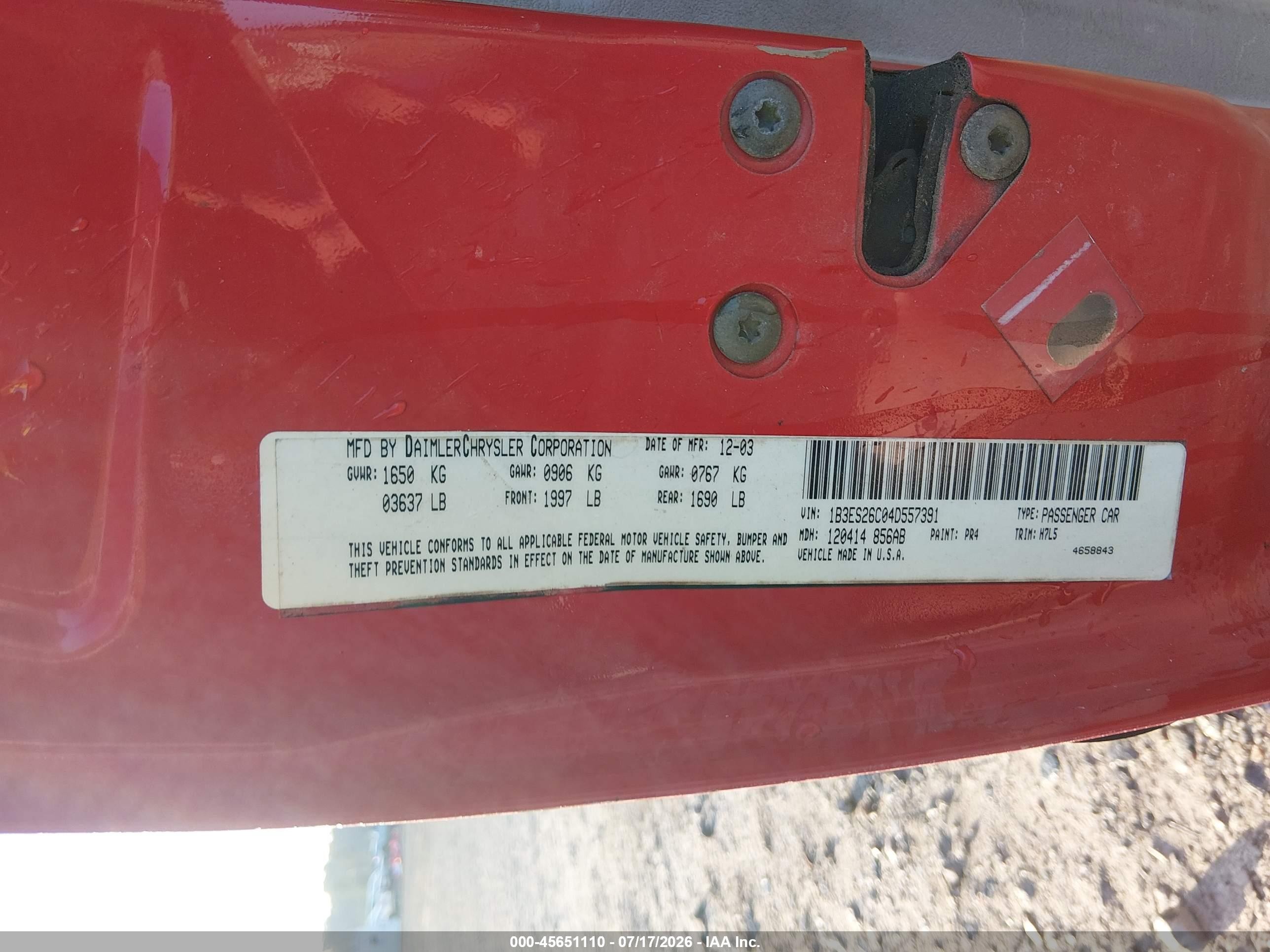 2004 Dodge Neon Se Red vin: 1B3ES26C04D557391