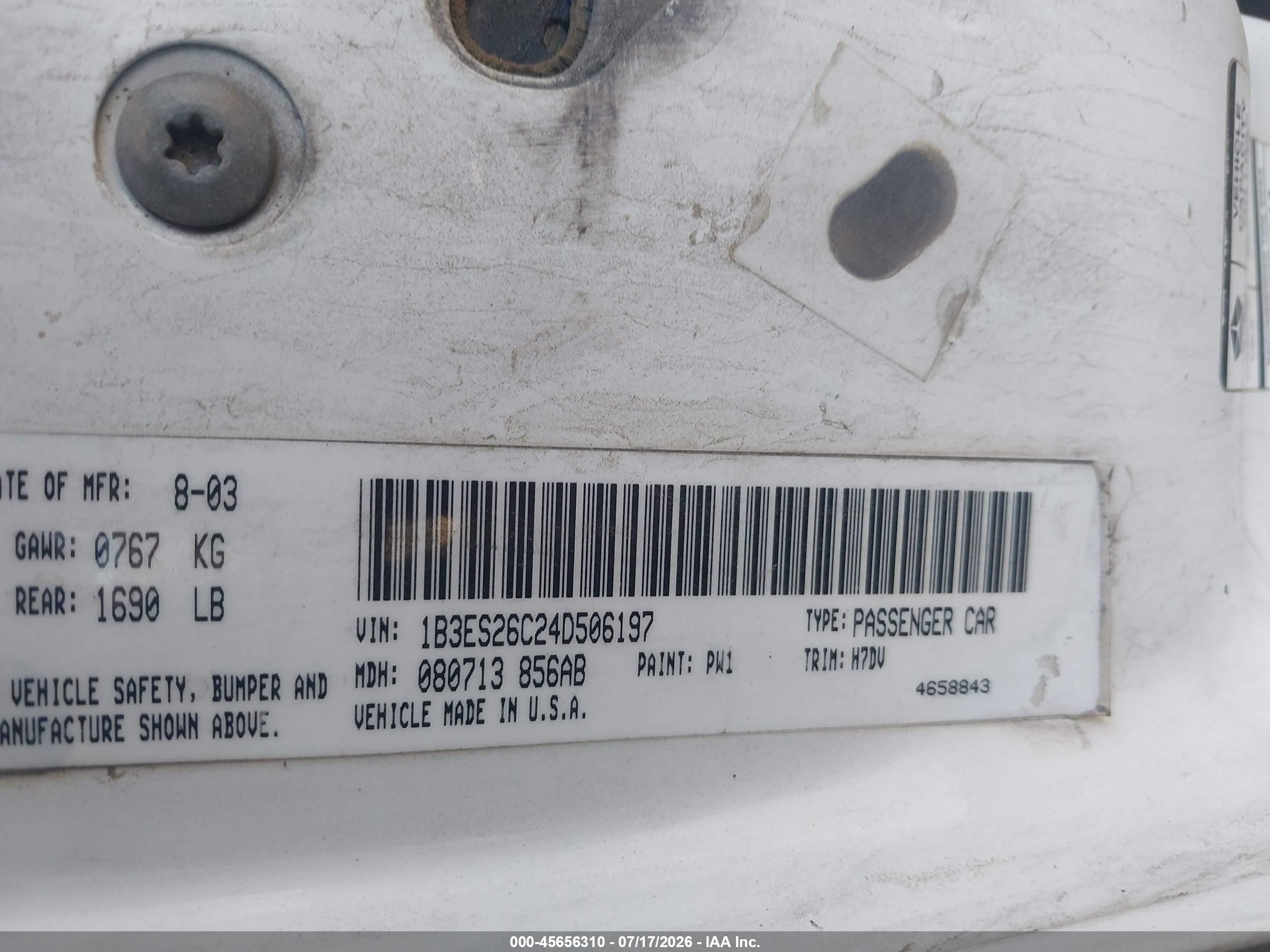 2004 Dodge Neon Se White vin: 1B3ES26C24D506197