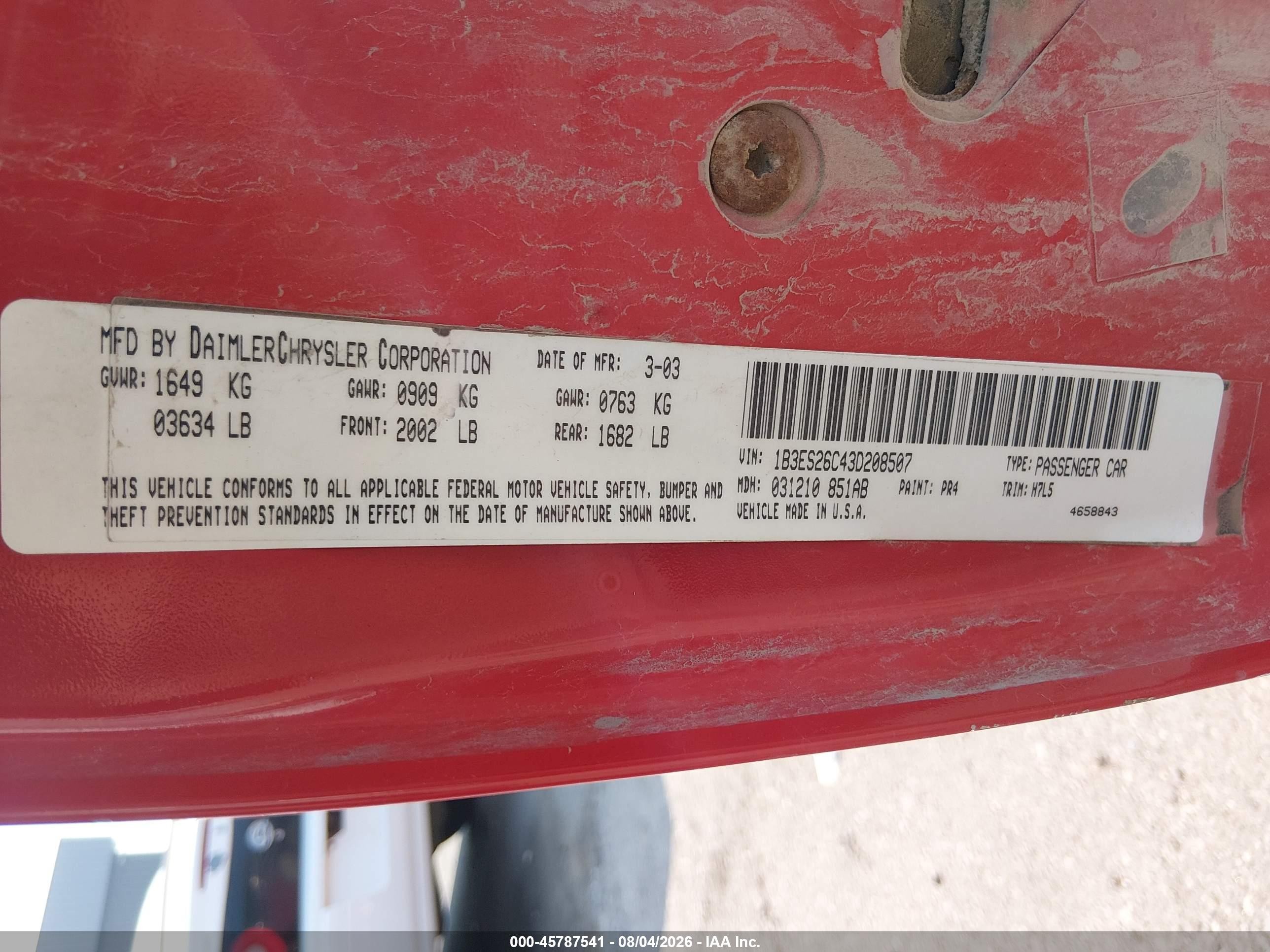 2003 Dodge Neon Se Red vin: 1B3ES26C43D208507