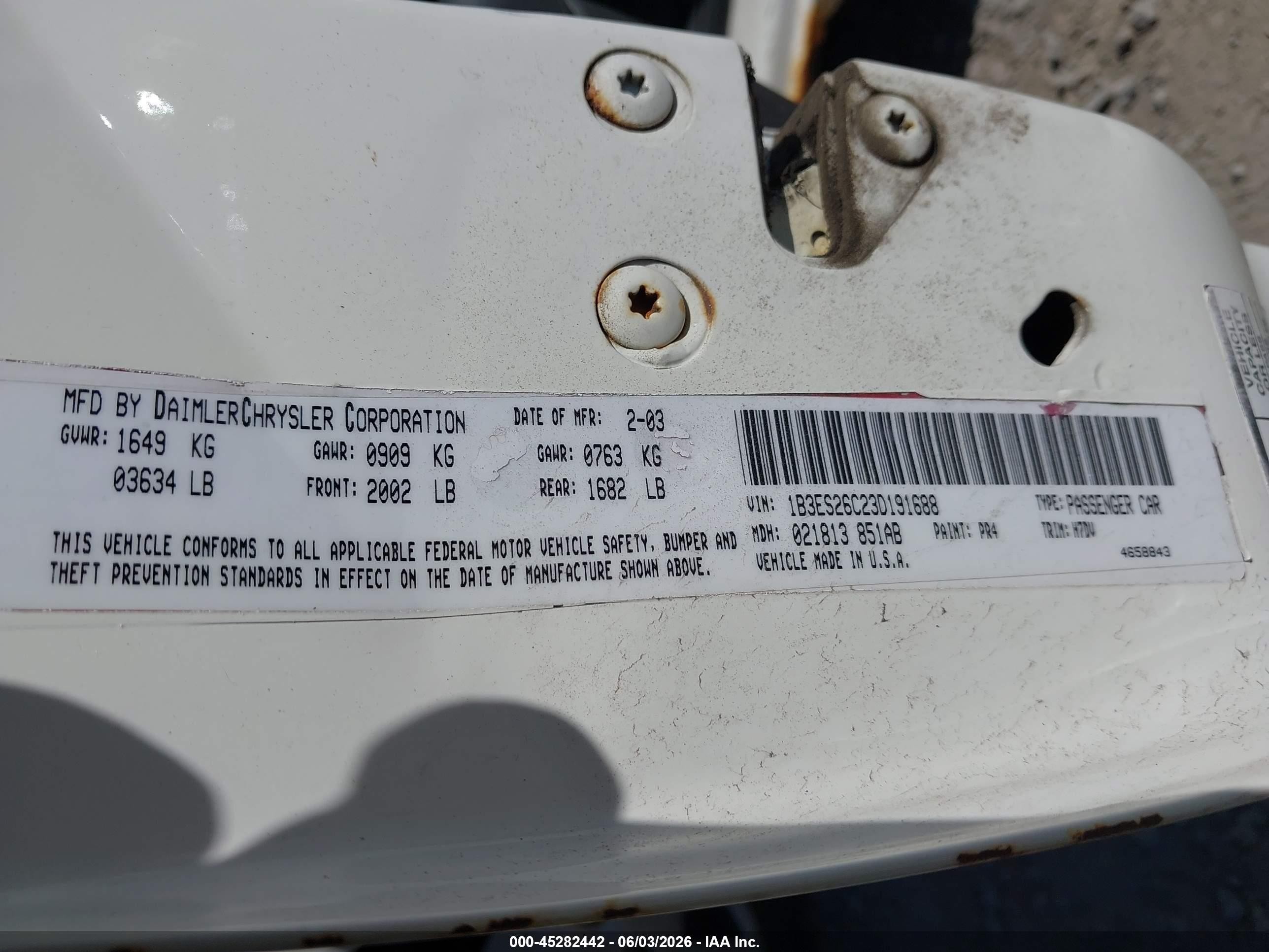 2004 Dodge Neon Se White vin: 1B3ES26C54D643909