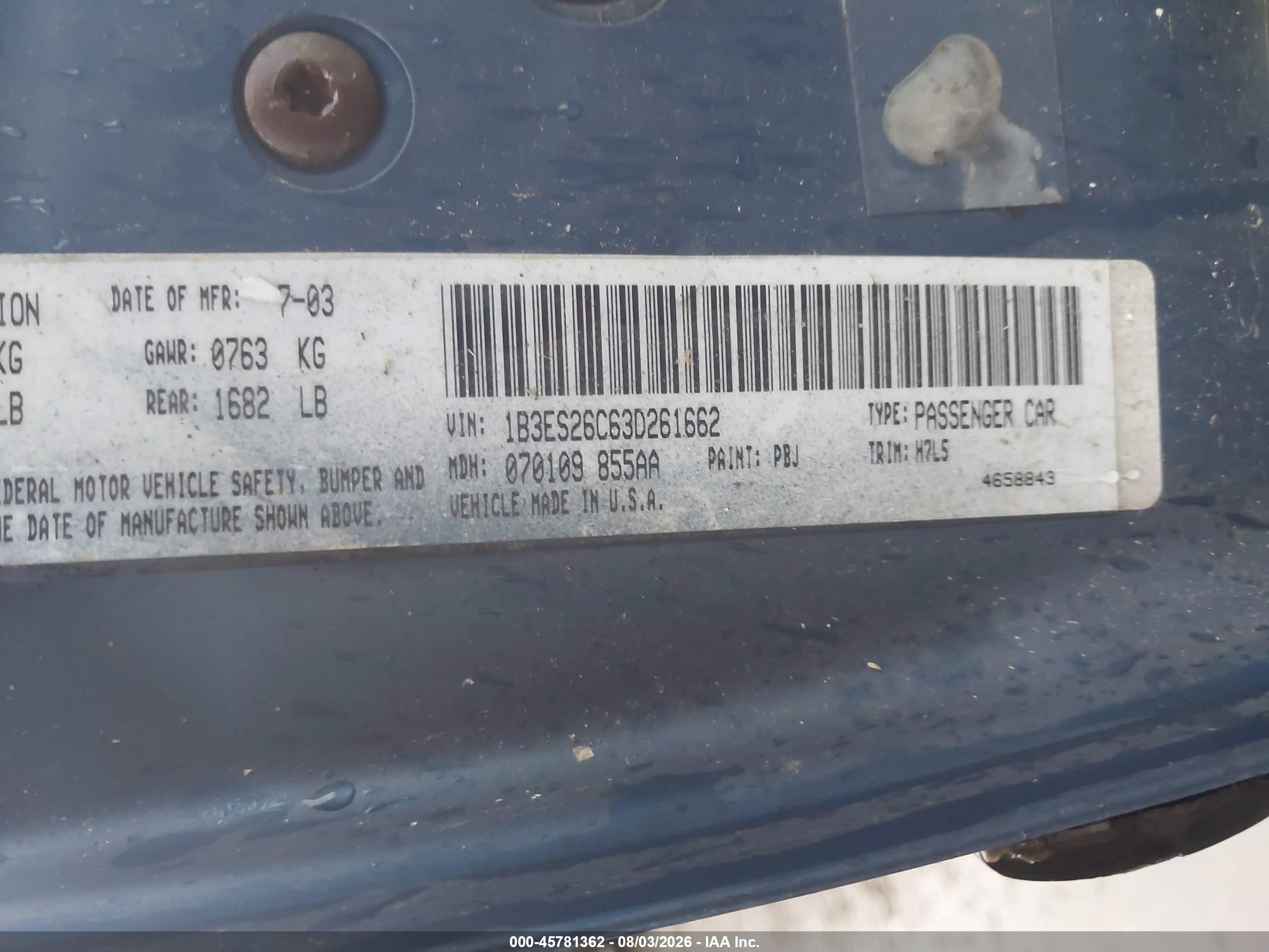 2003 Dodge Neon Se Blue vin: 1B3ES26C63D261662