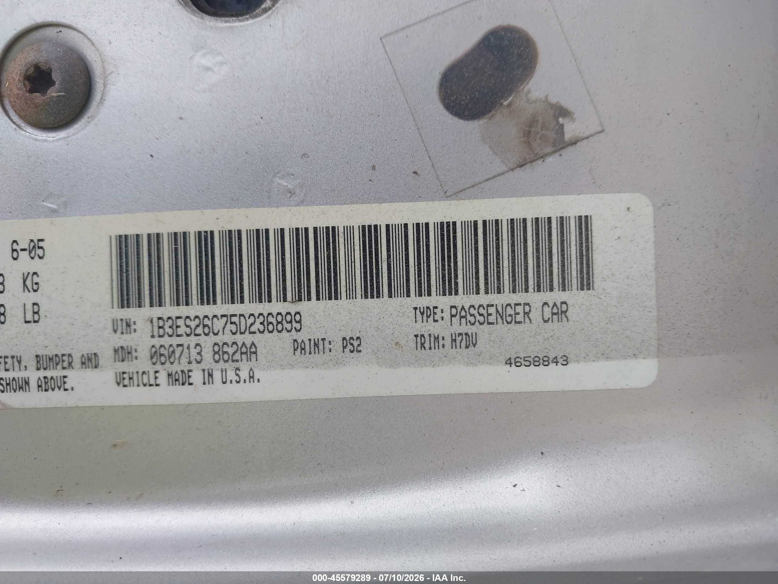 2005 Dodge Neon Se Silver vin: 1B3ES26C75D236899