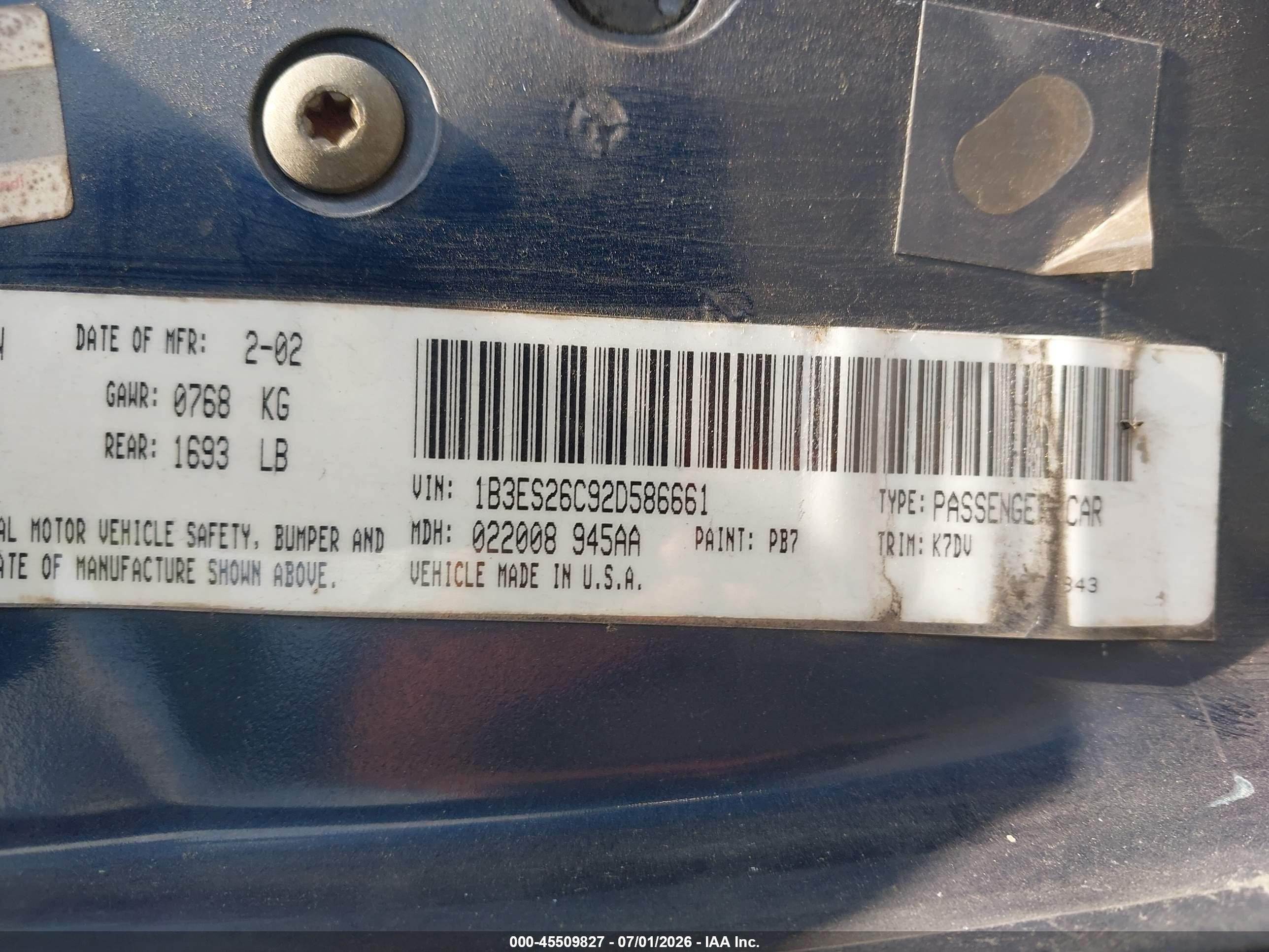 2002 Dodge Neon   Синий vin: 1B3ES26C92D586661