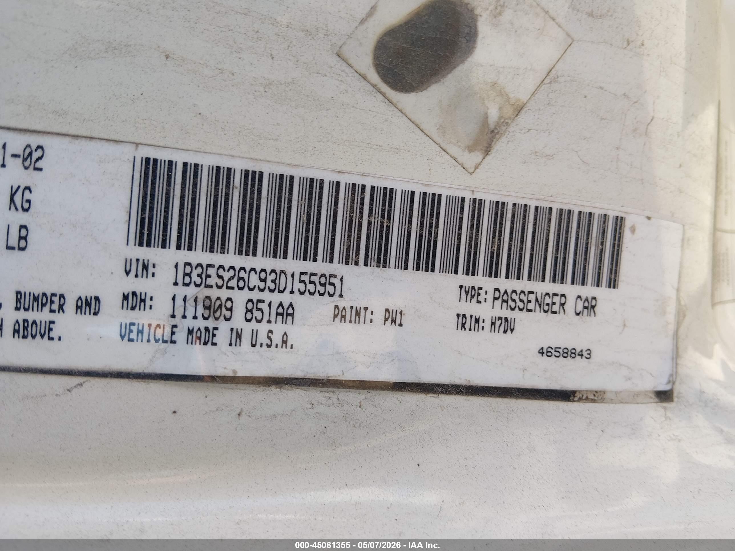 2003 Dodge Neon Se White vin: 1B3ES26C93D155951