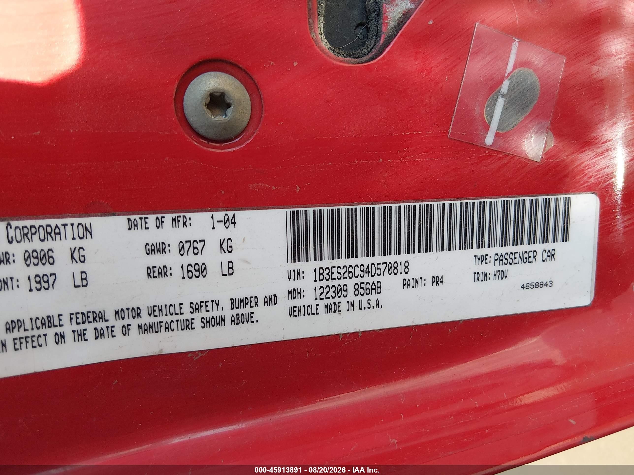 2004 Dodge Neon Se Red vin: 1B3ES26C94D570818
