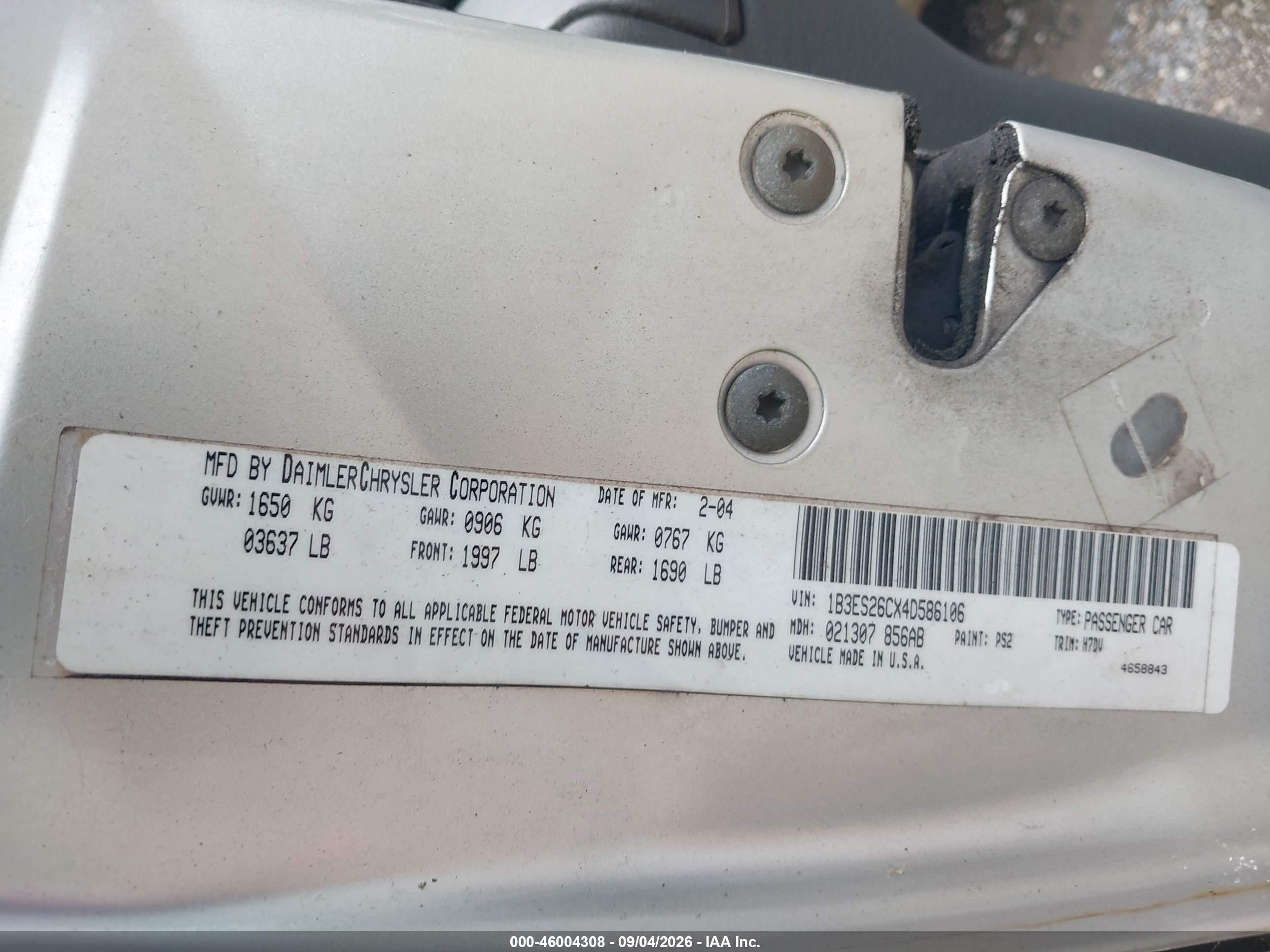 2004 Dodge Neon Se Серебряный vin: 1B3ES26CX4D586106