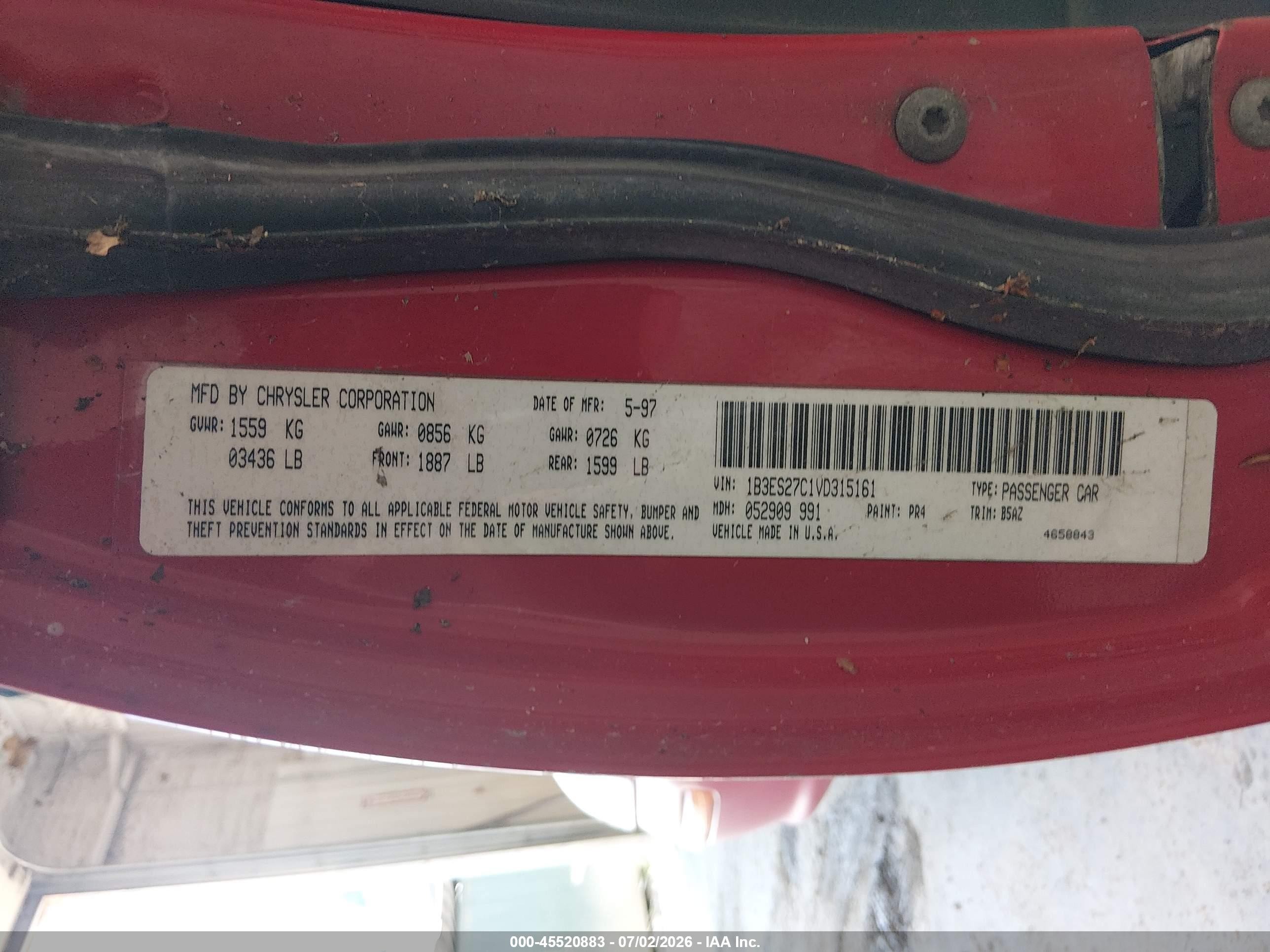 1997 Dodge Neon Ex Red vin: 1B3ES27C1VD315161