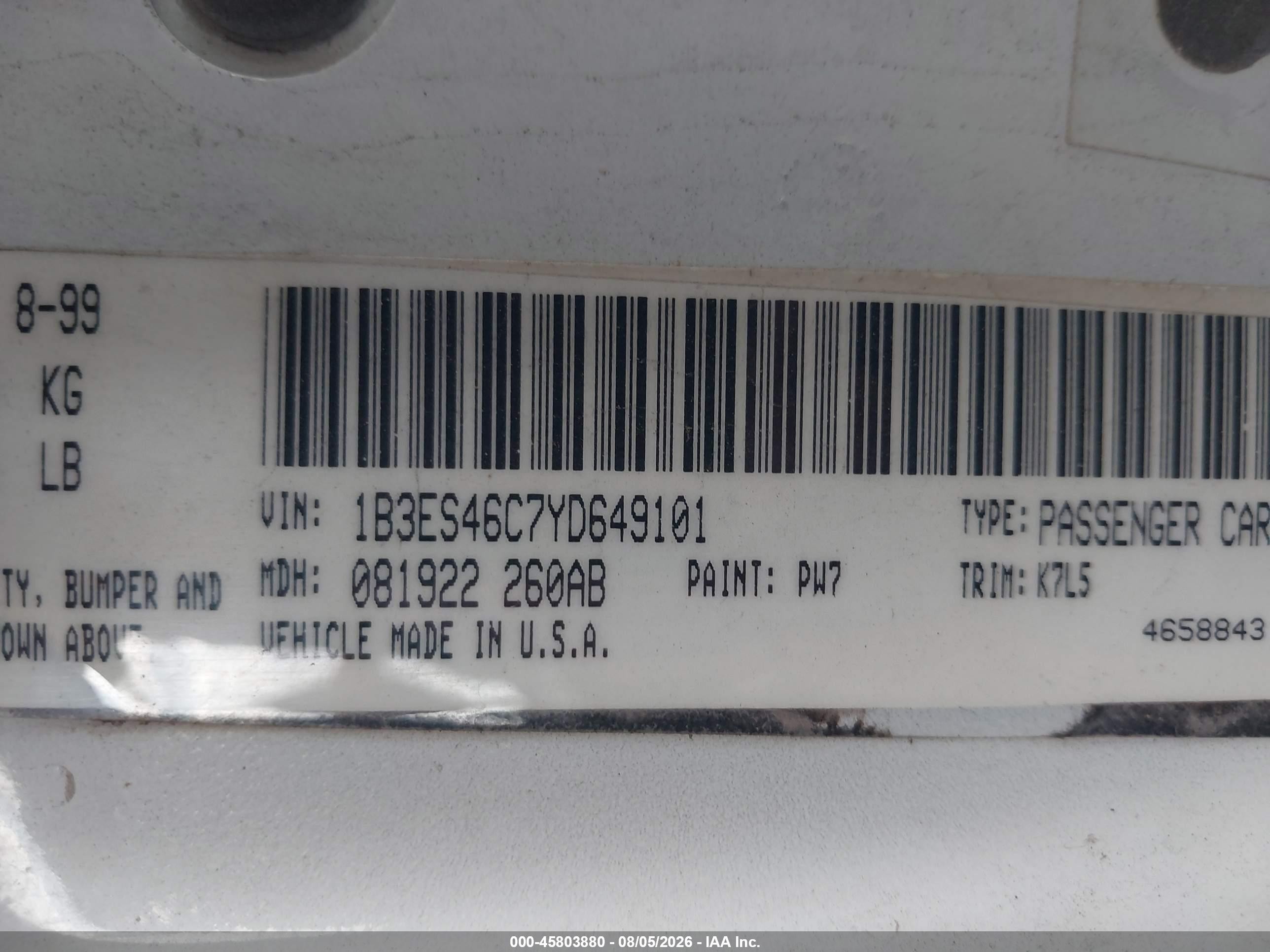 2000 Dodge Neon Highline White vin: 1B3ES46C7YD649101