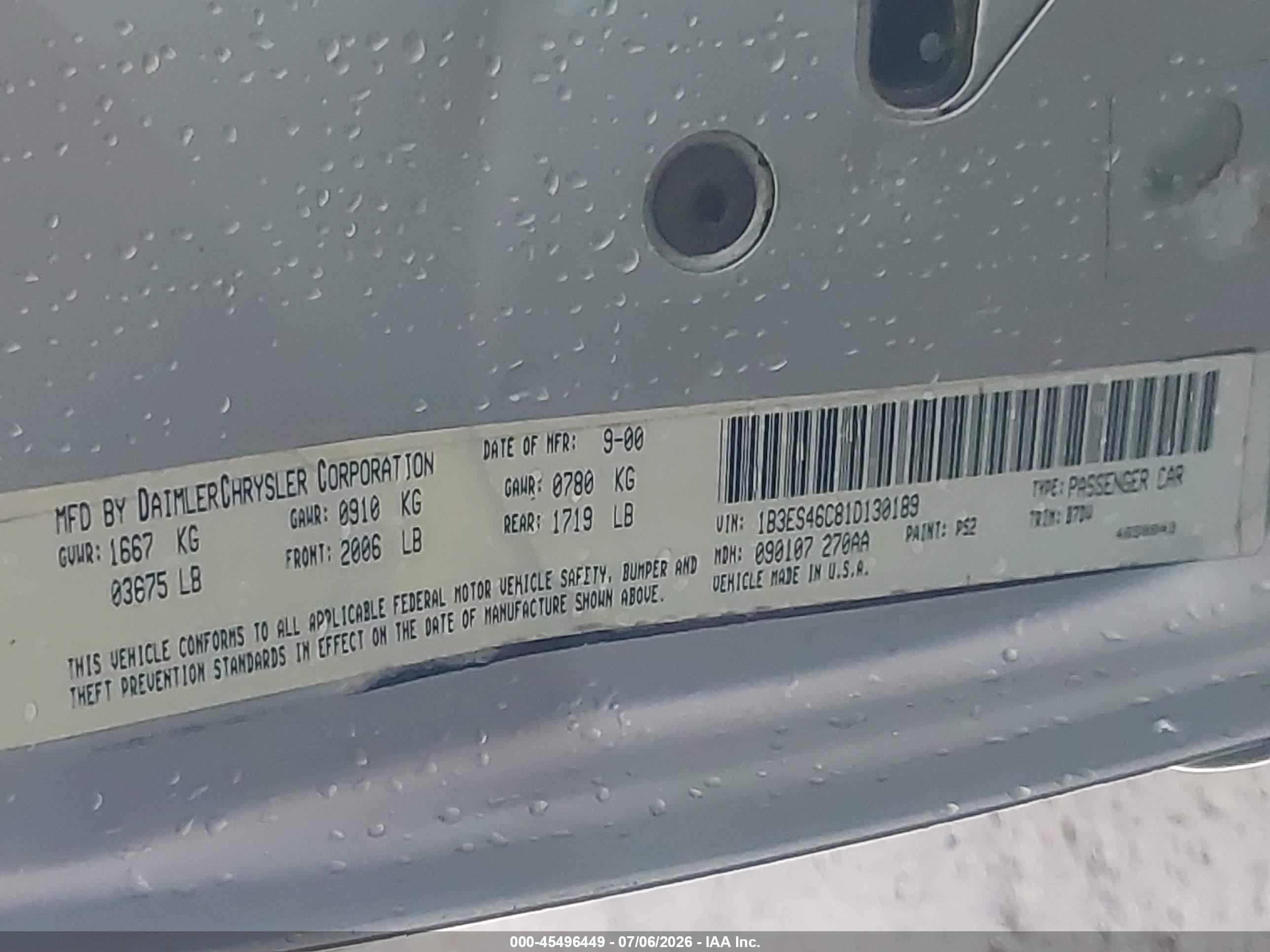 2001 Dodge Neon Se Silver vin: 1B3ES46C81D130189