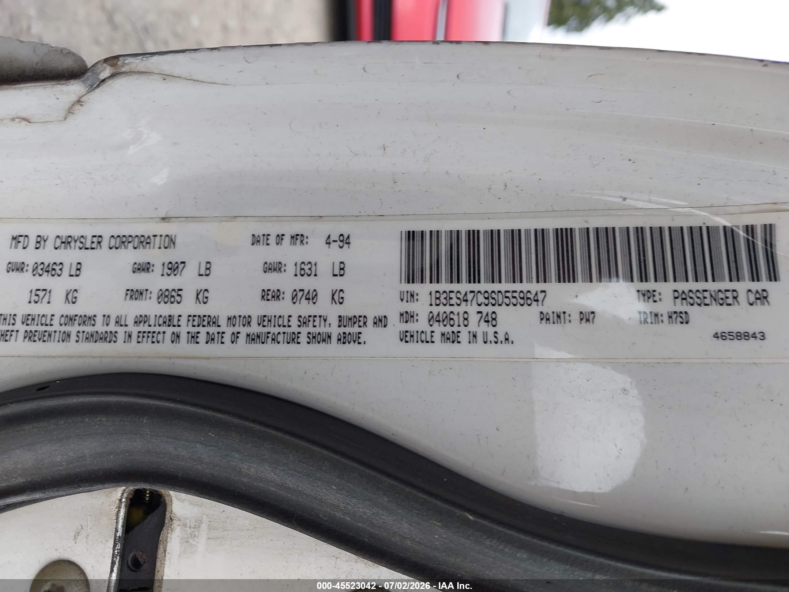 1995 Dodge Neon Highline White vin: 1B3ES47C9SD559647
