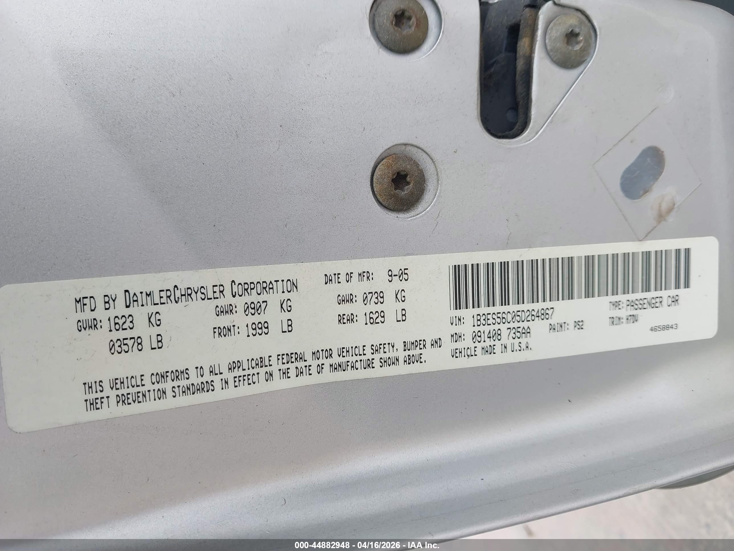 2005 Dodge Neon Sxt Silver vin: 1B3ES56C05D264867