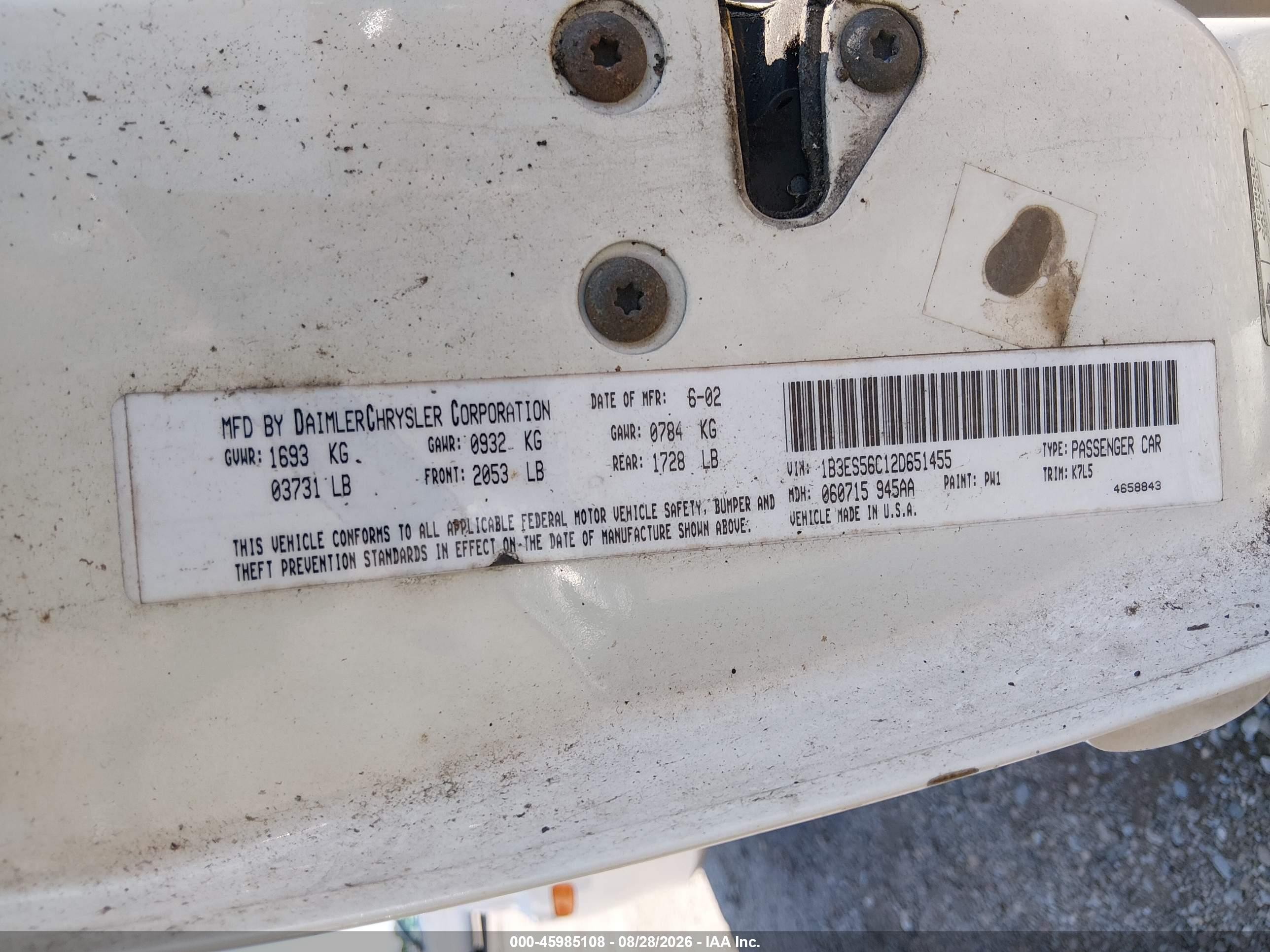 2002 Dodge Neon Sxt White vin: 1B3ES56C12D651455