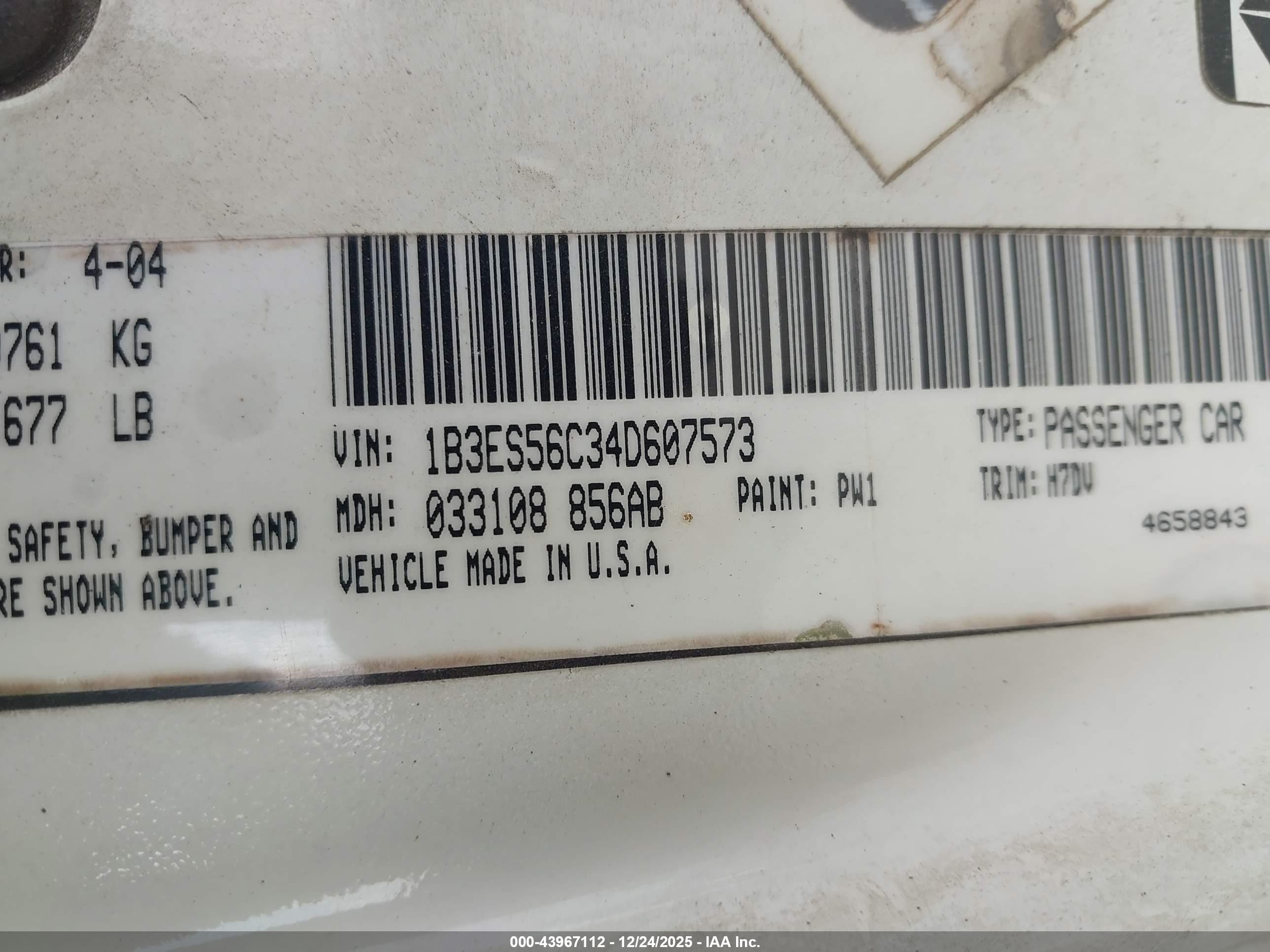 2004 Dodge Neon Sxt White vin: 1B3ES56C34D607573