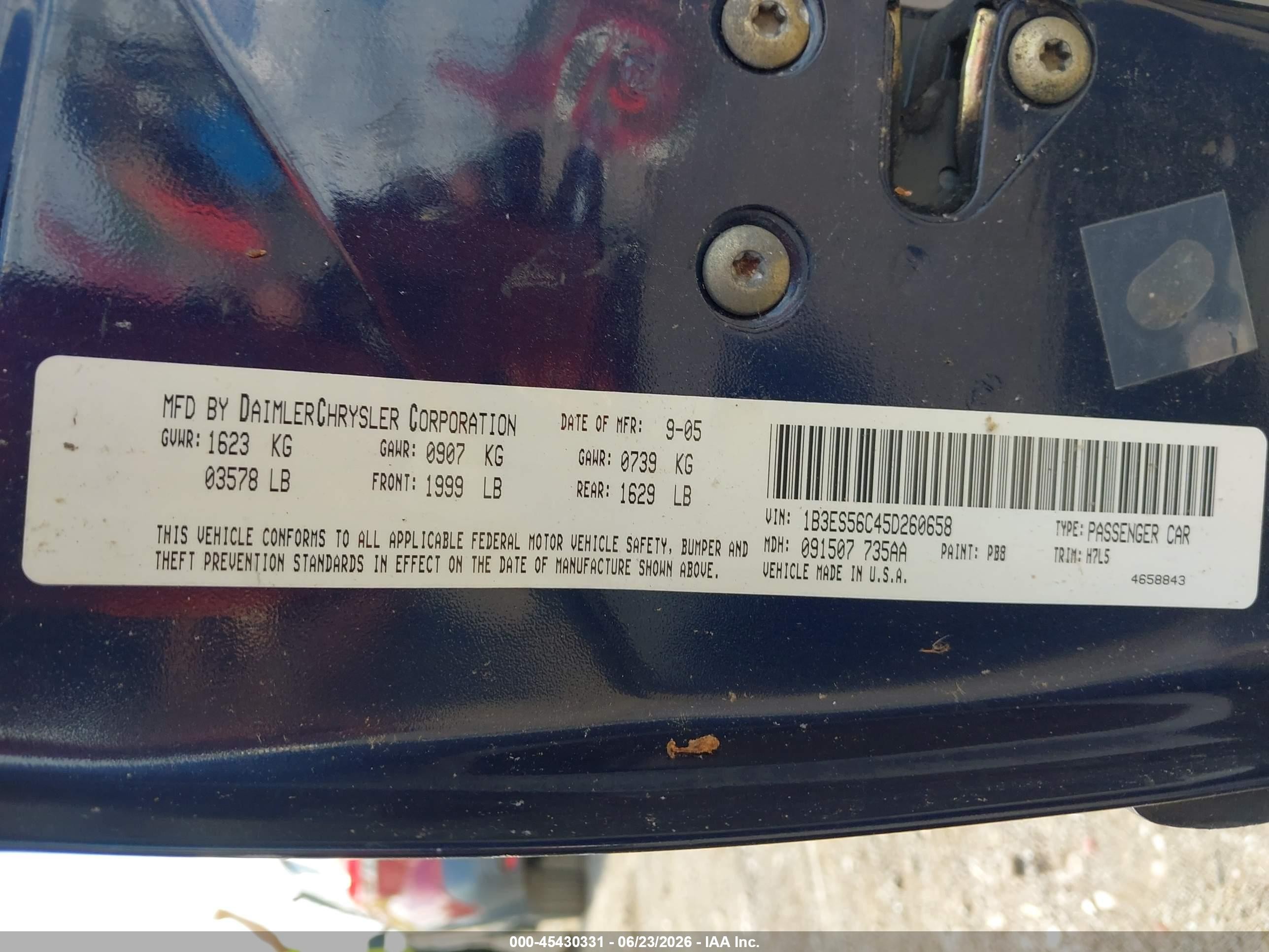 2005 Dodge Neon Sxt Blue vin: 1B3ES56C45D260658