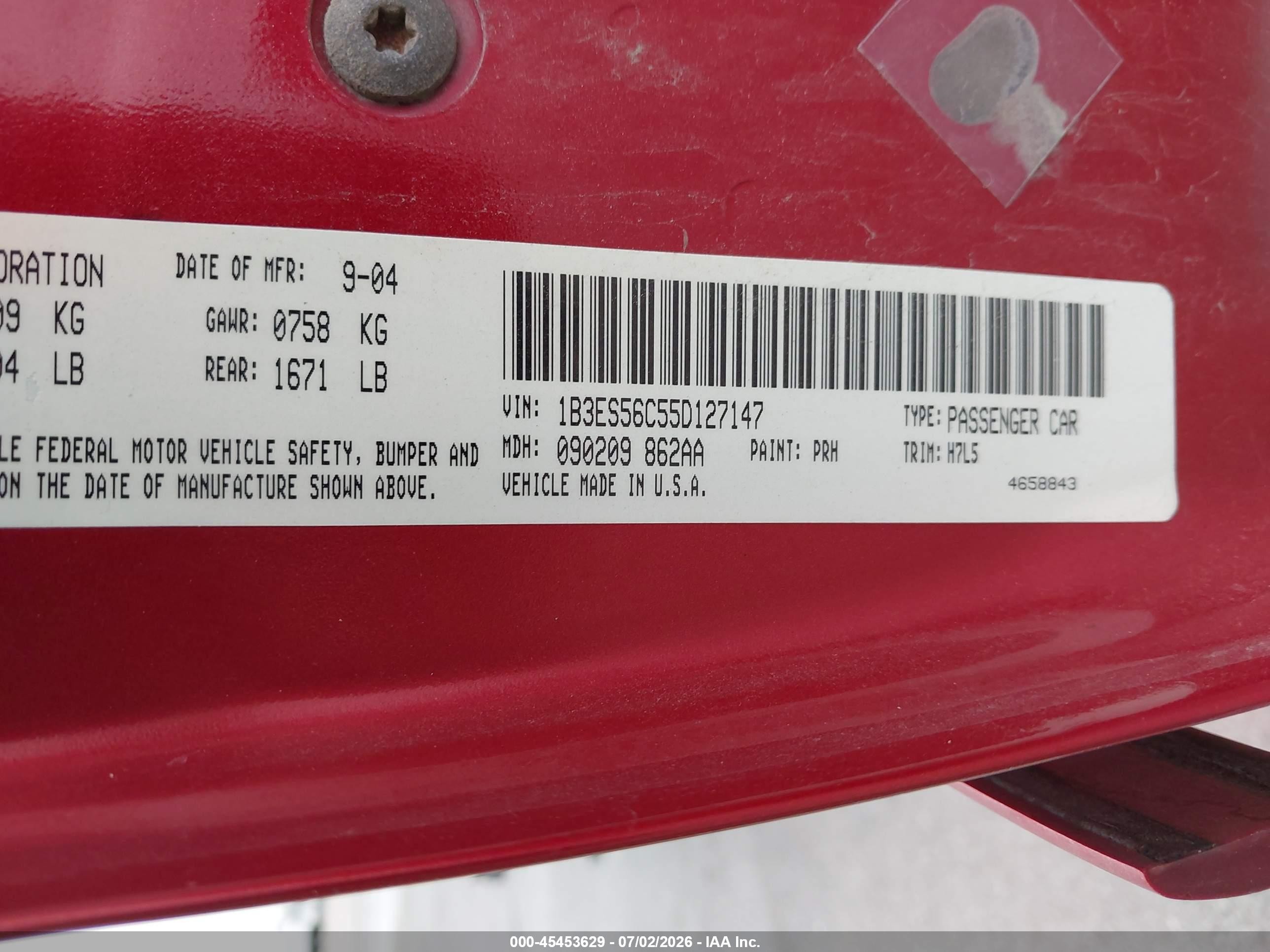 2005 Dodge Neon Sxt Red vin: 1B3ES56C55D127147