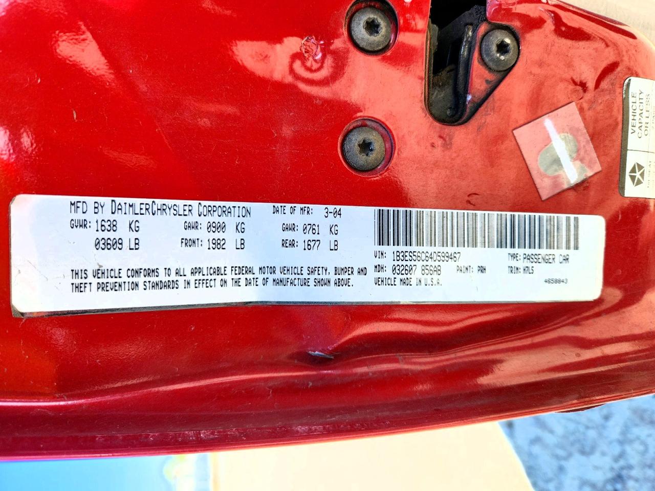 2004 Dodge Neon Sxt Red vin: 1B3ES56C64D599467
