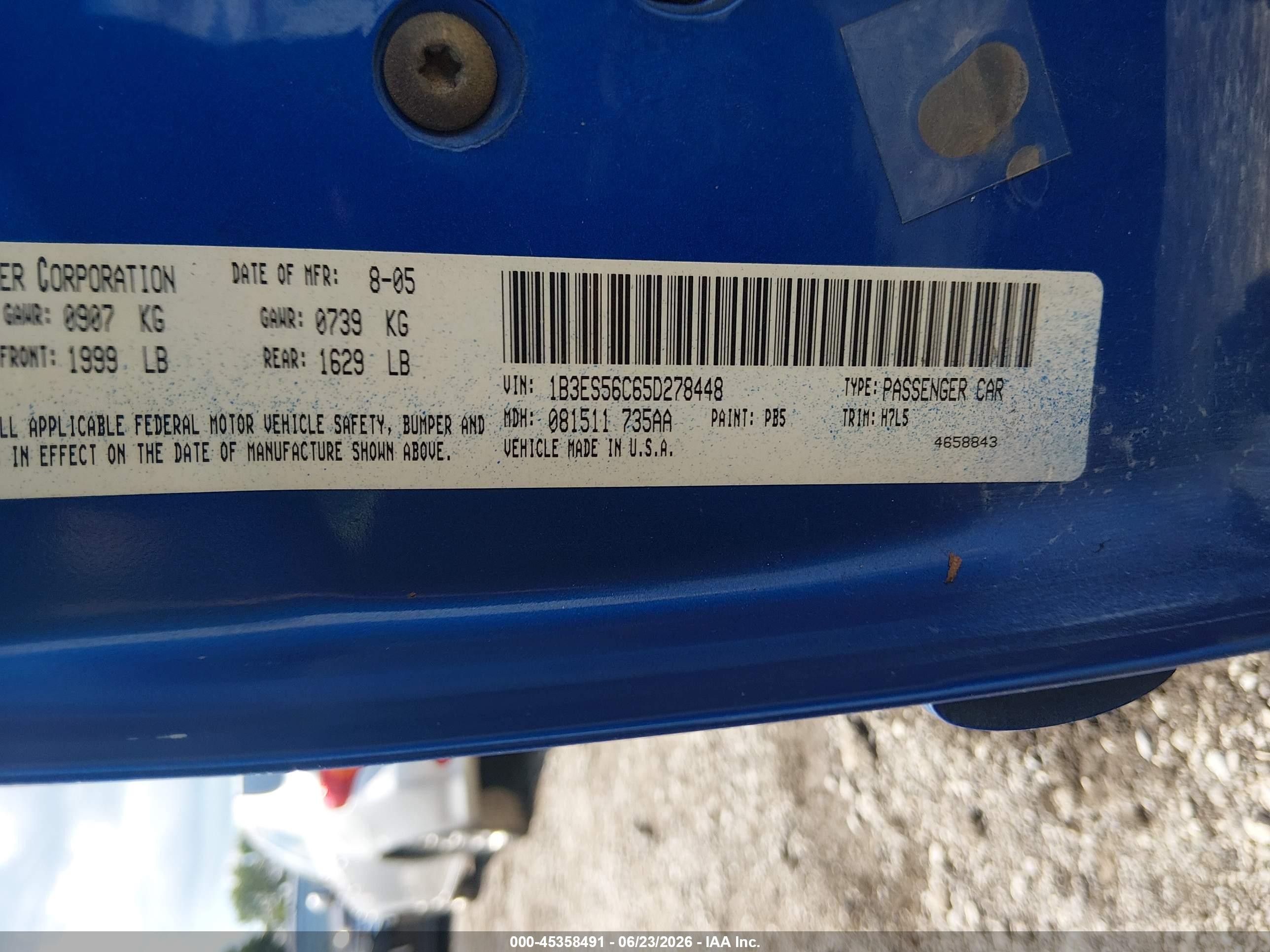 2005 Dodge Neon Sxt Blue vin: 1B3ES56C65D278448