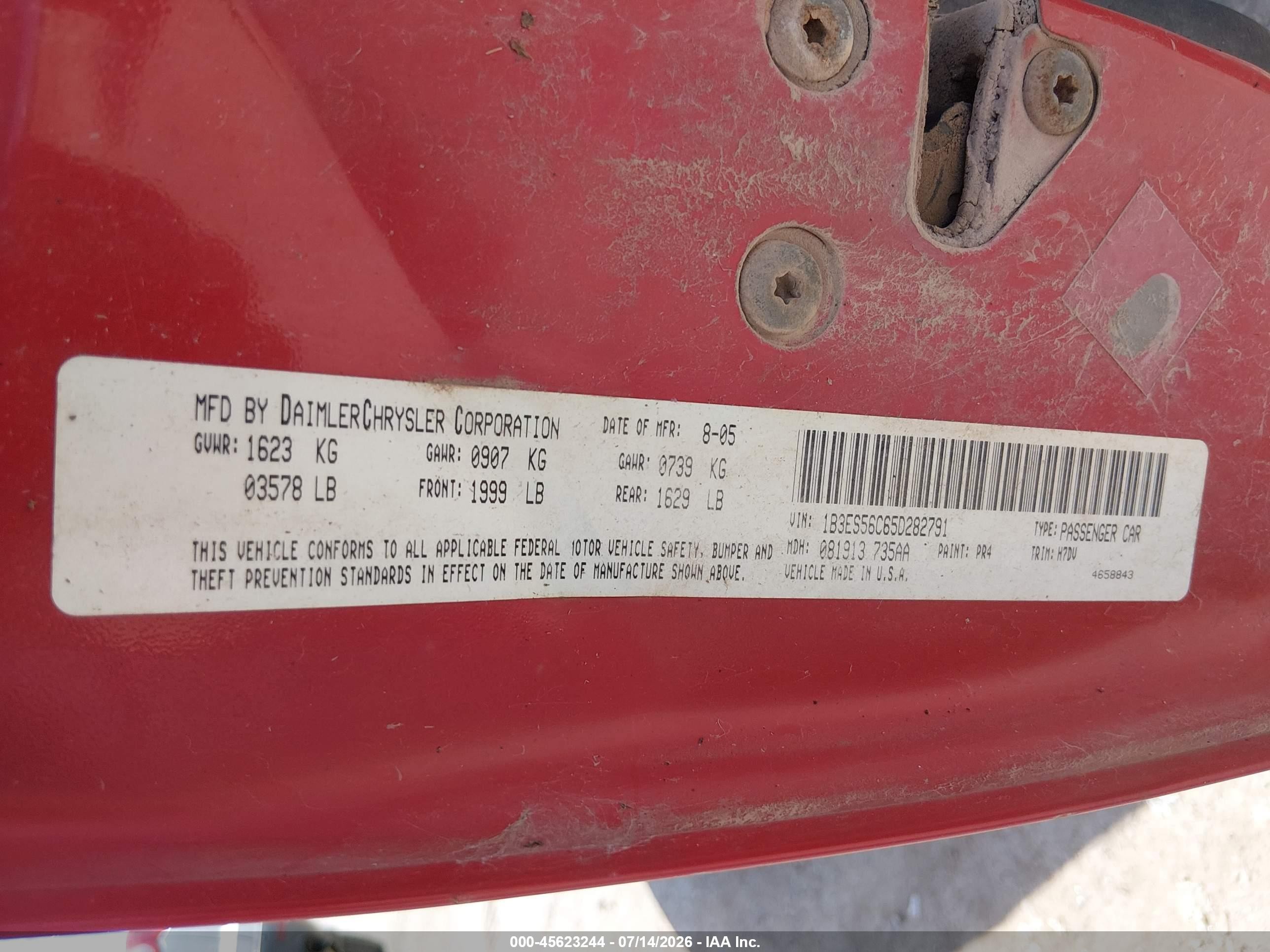 2005 Dodge Neon Sxt Red vin: 1B3ES56C65D282791