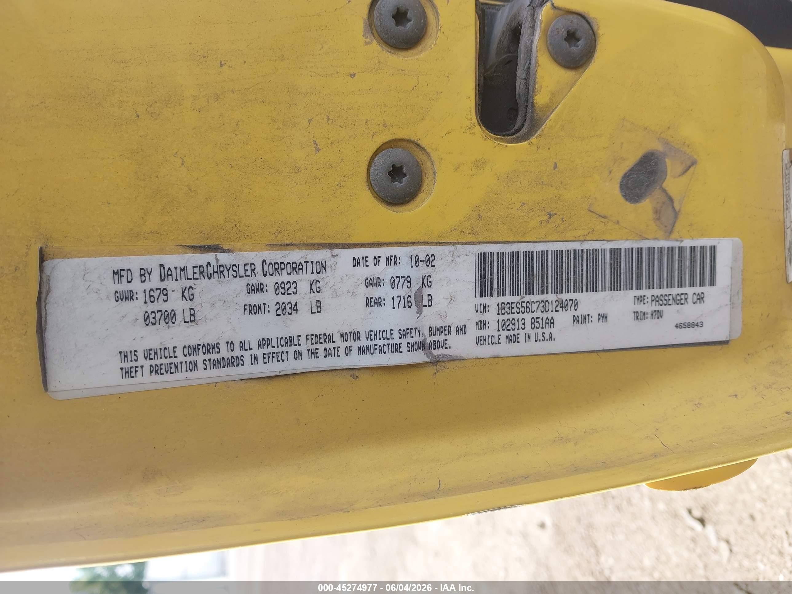 2003 Dodge Neon Sxt Yellow vin: 1B3ES56C73D124070