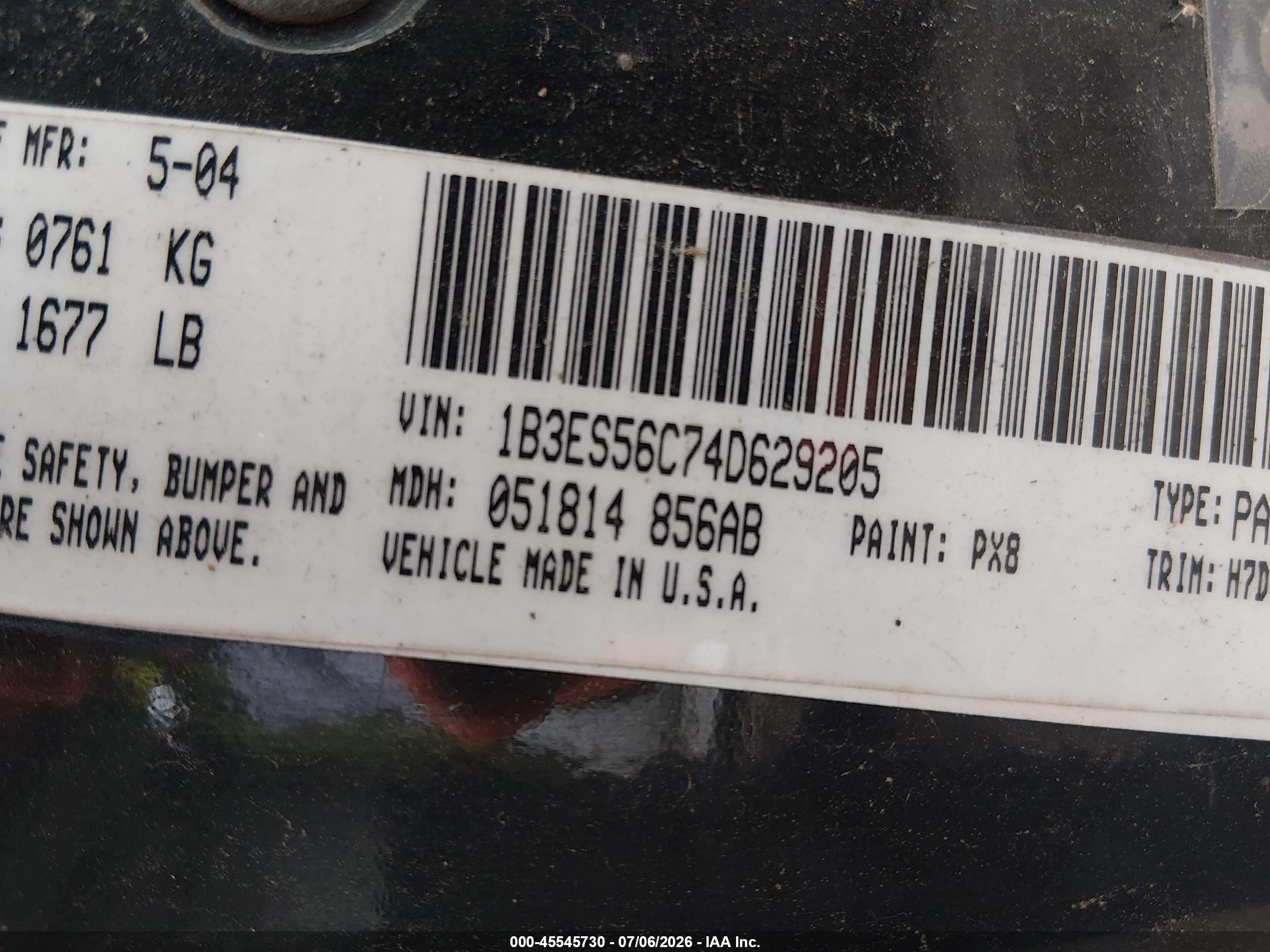 2004 Dodge Neon Sxt Black vin: 1B3ES56C74D629205