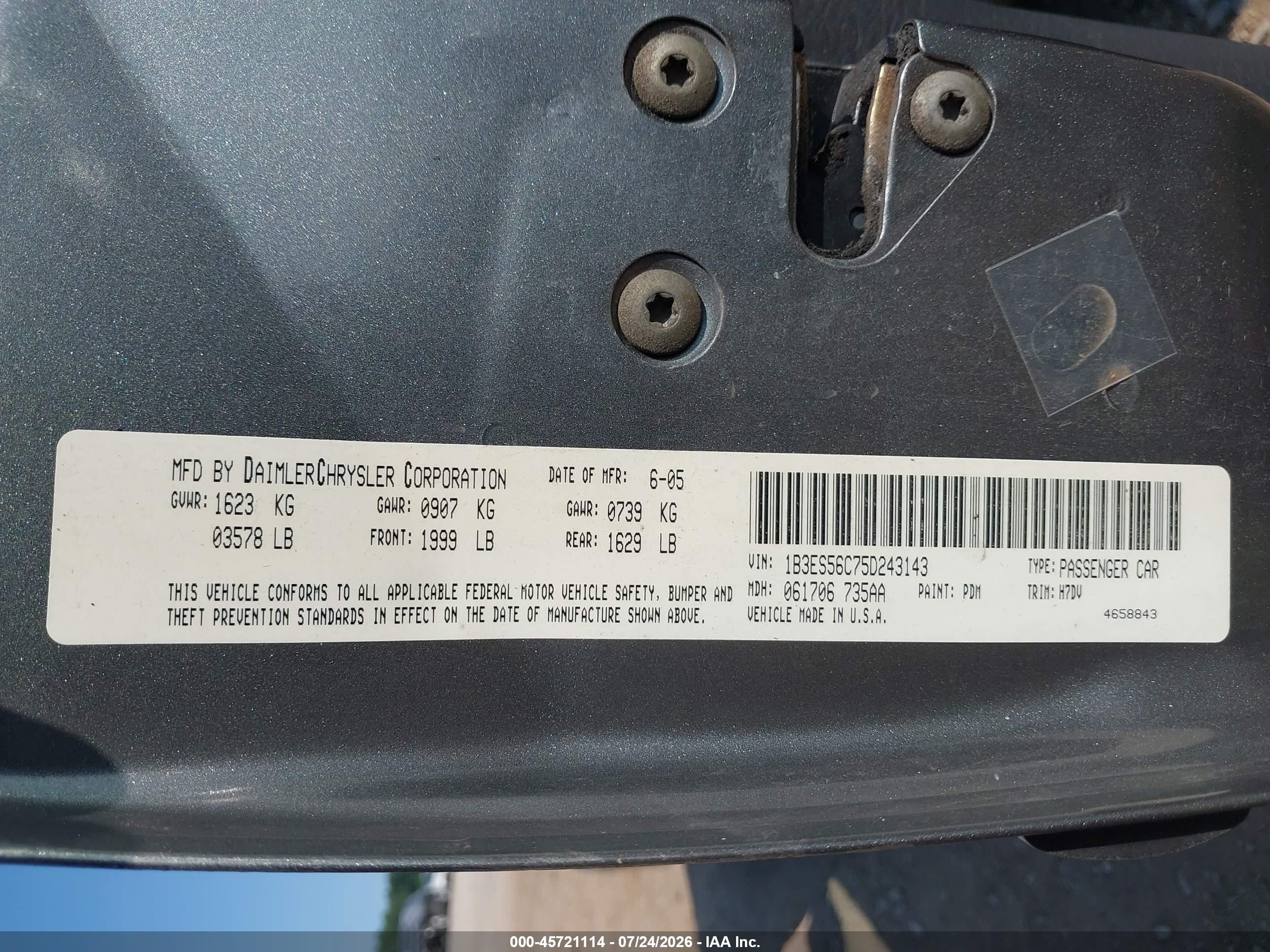 2005 Dodge Neon Sxt Gray vin: 1B3ES56C75D243143