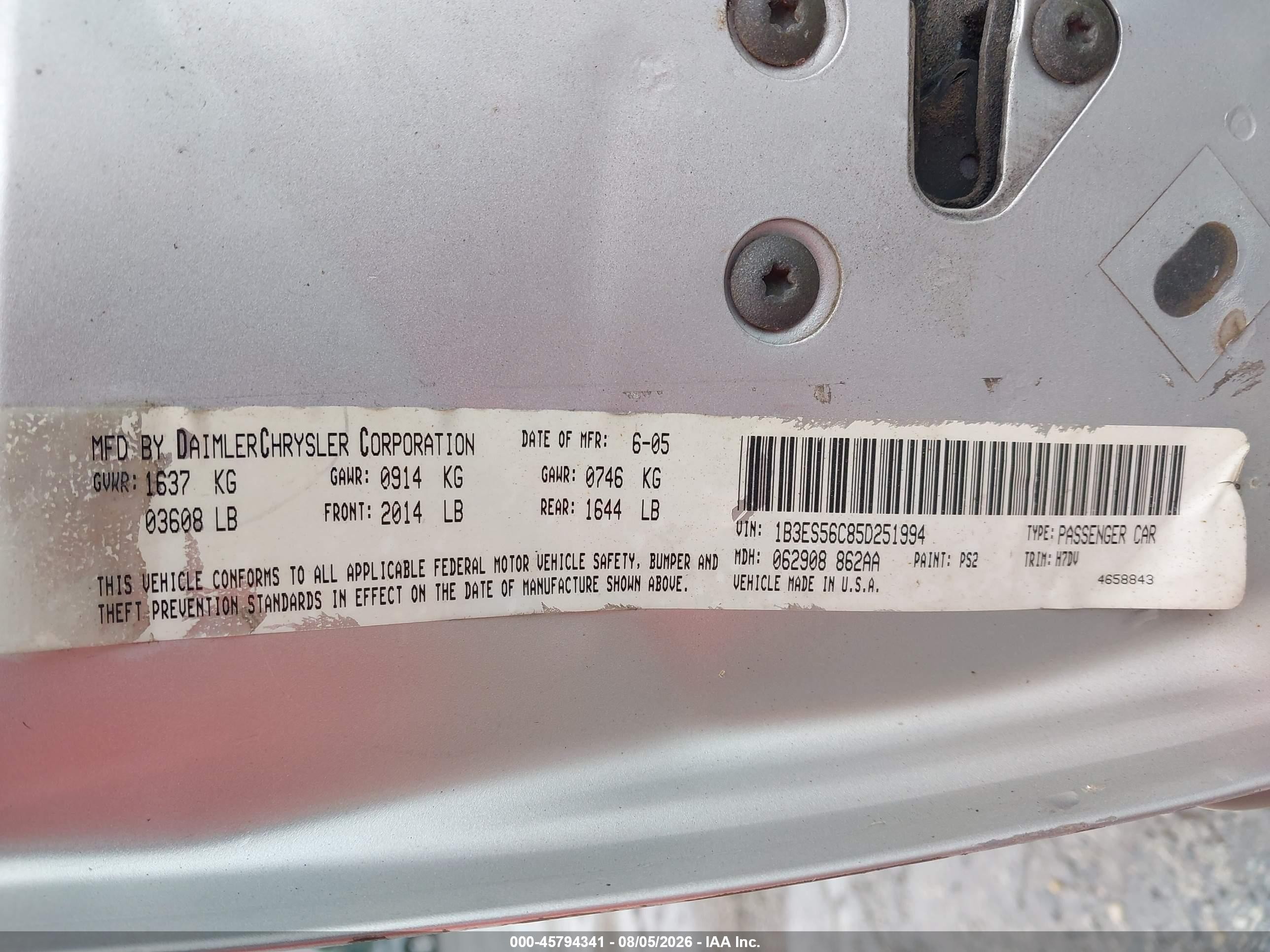 2005 Dodge Neon Sxt Silver vin: 1B3ES56C85D251994