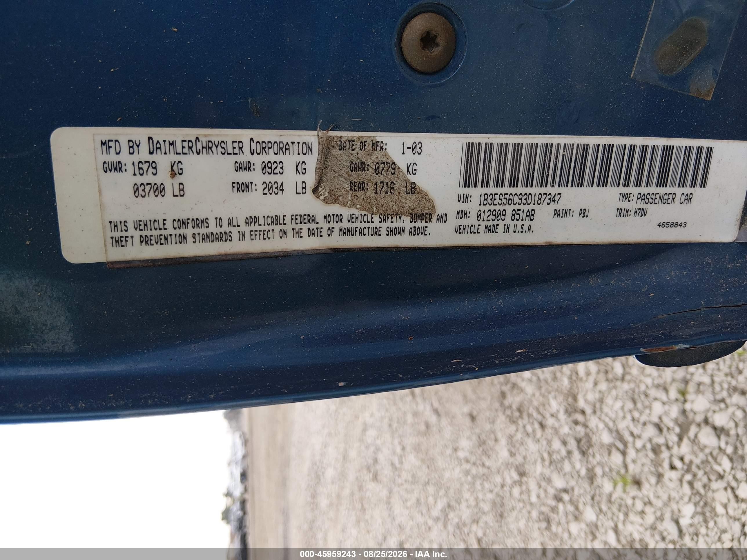 2003 Dodge Neon Sxt Blue vin: 1B3ES56C93D187347