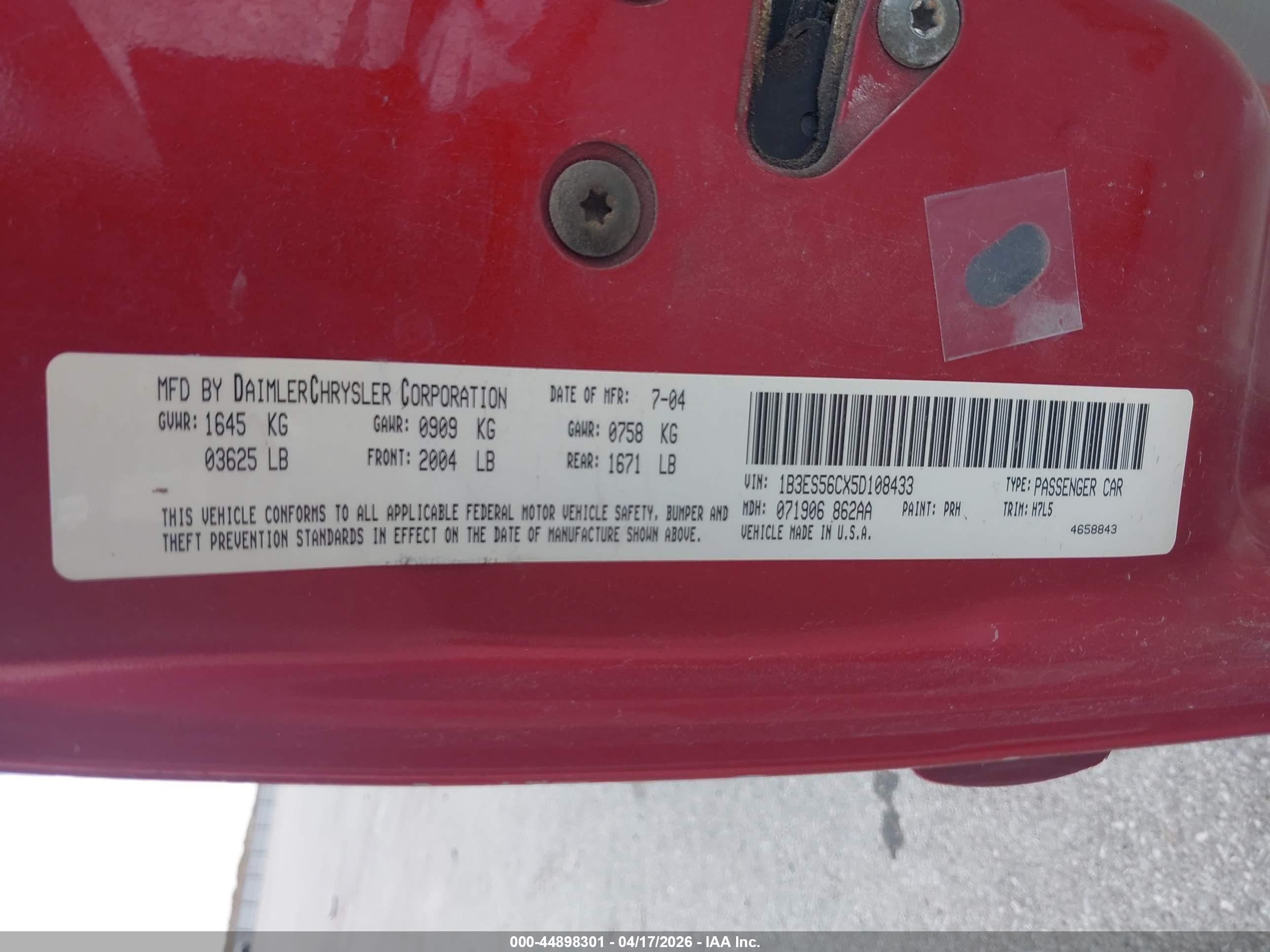 2005 Dodge Neon Sxt Red vin: 1B3ES56CX5D108433