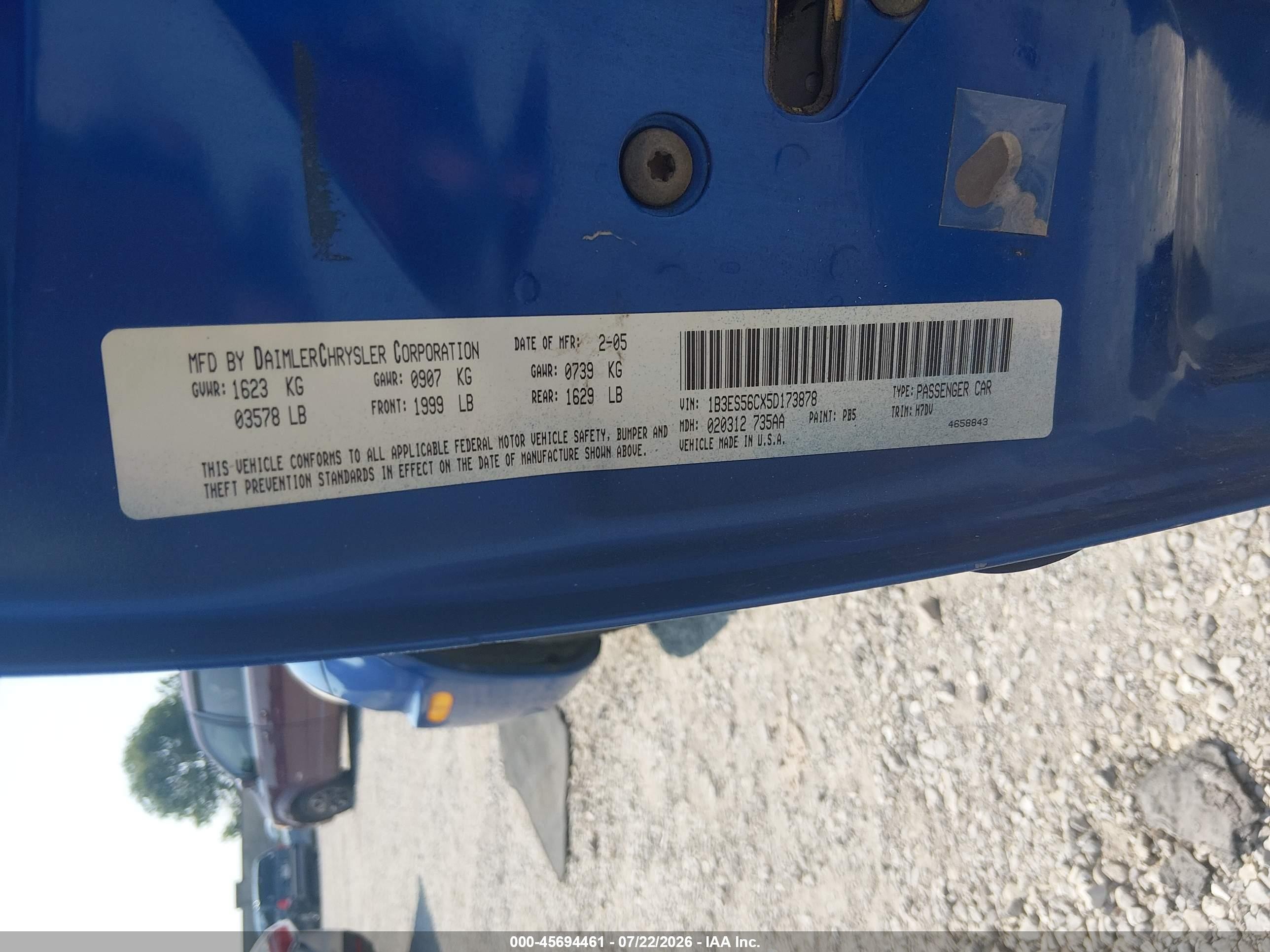 2005 Dodge Neon Sxt Blue vin: 1B3ES56CX5D173878