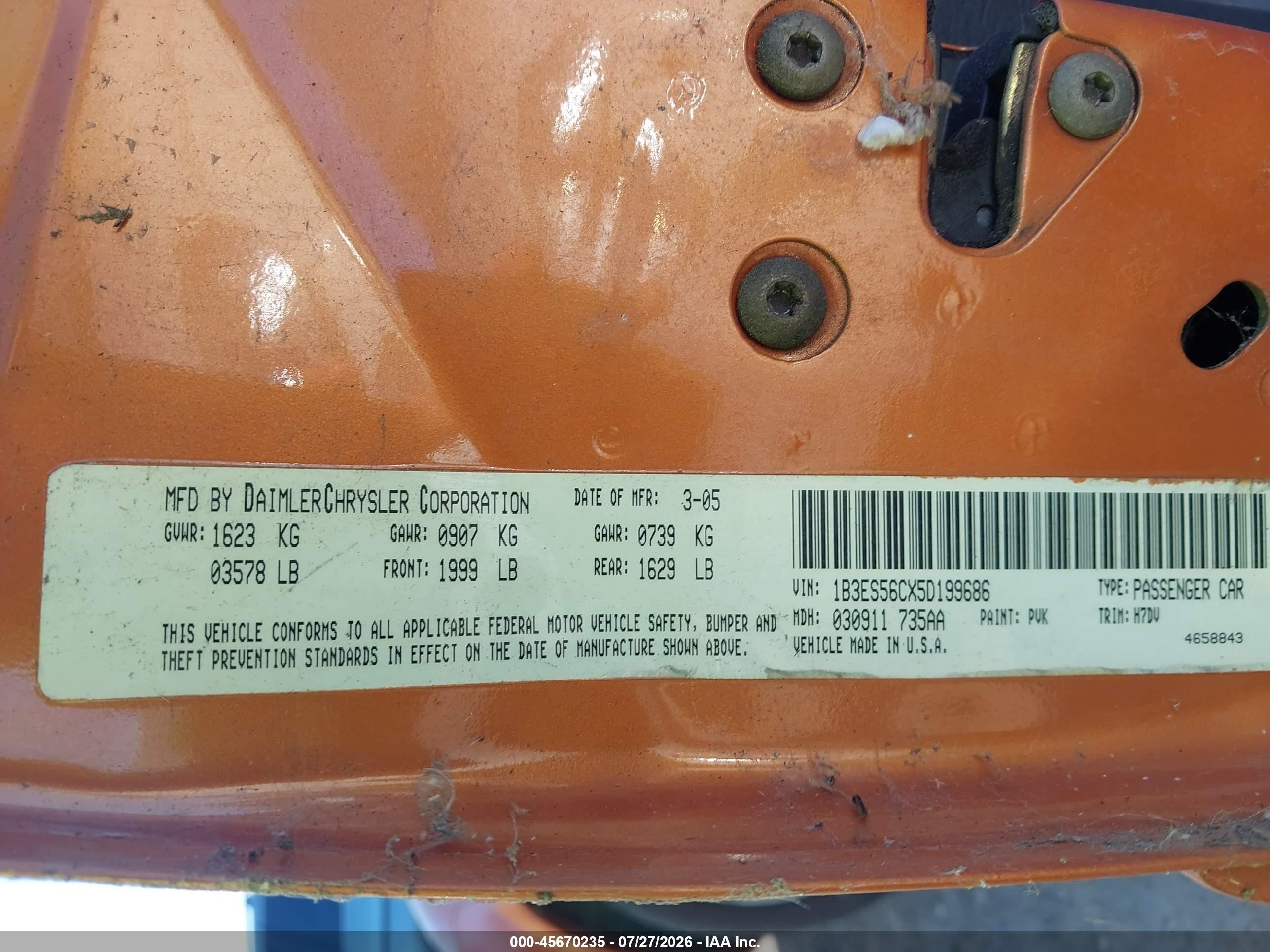 2005 Dodge Neon Sxt Orange vin: 1B3ES56CX5D199686