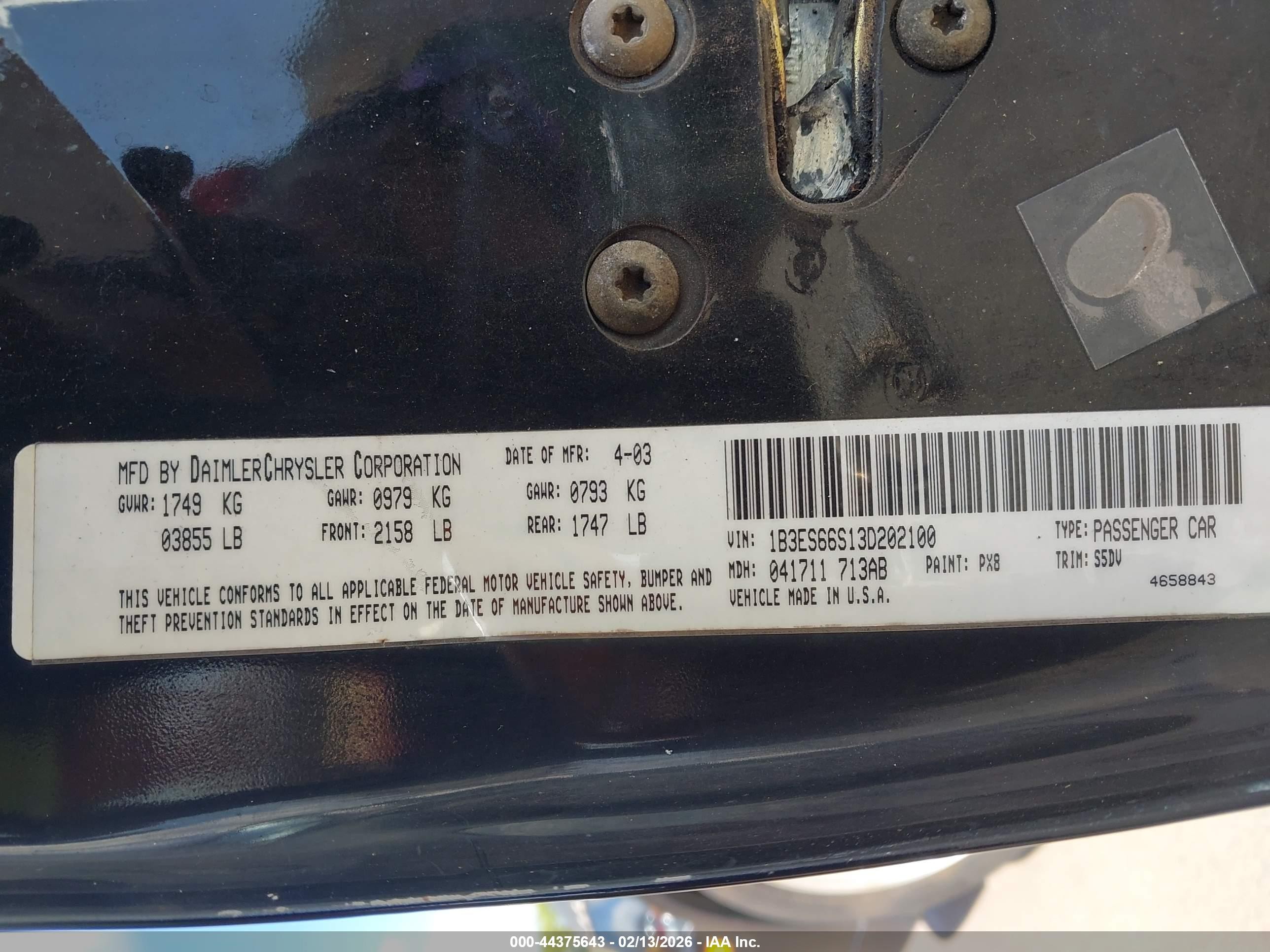 2003 Dodge Srt4   Black vin: 1B3ES66S13D202100