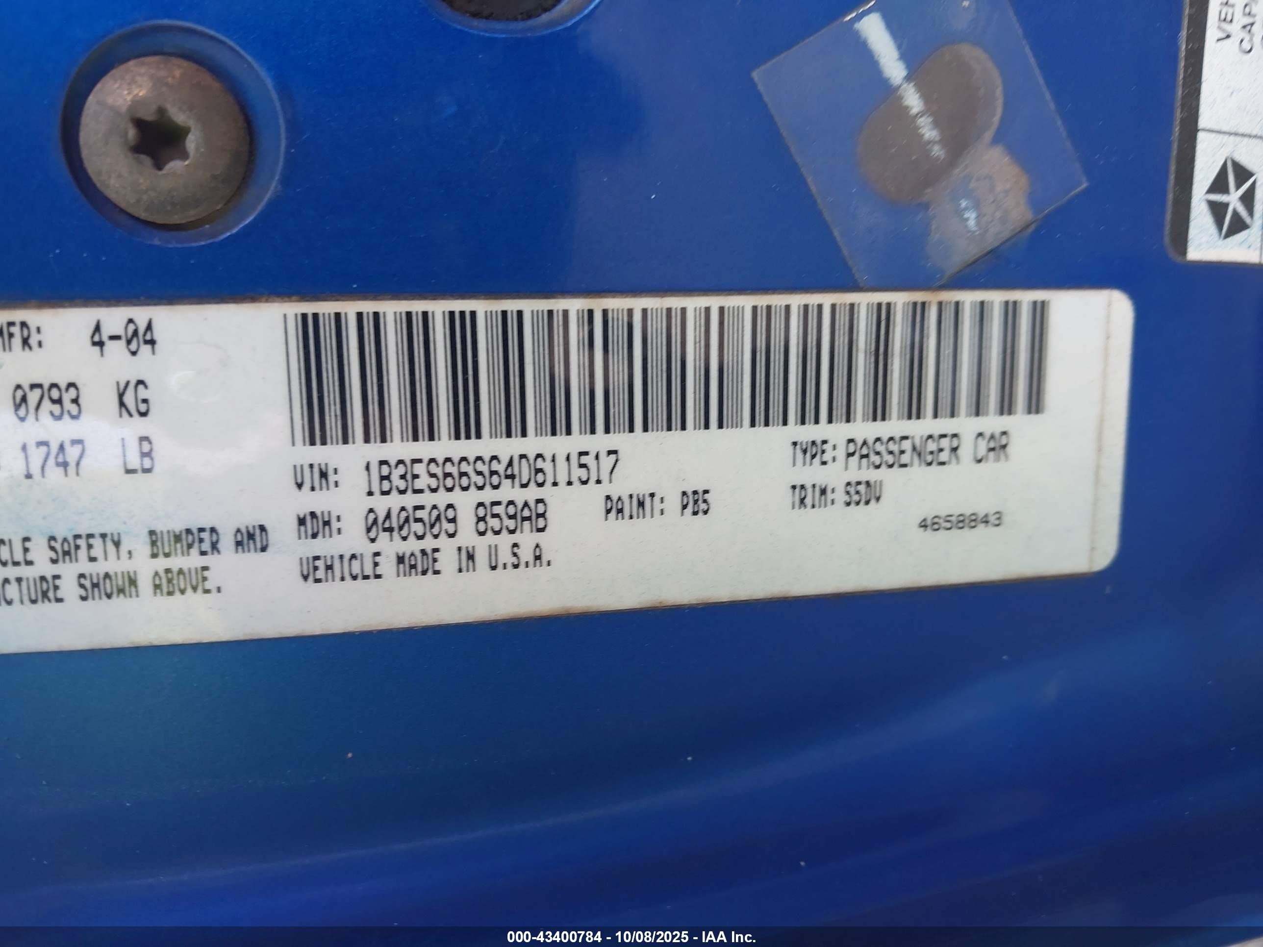 2004 Dodge Srt4   Blue vin: 1B3ES66S64D611517