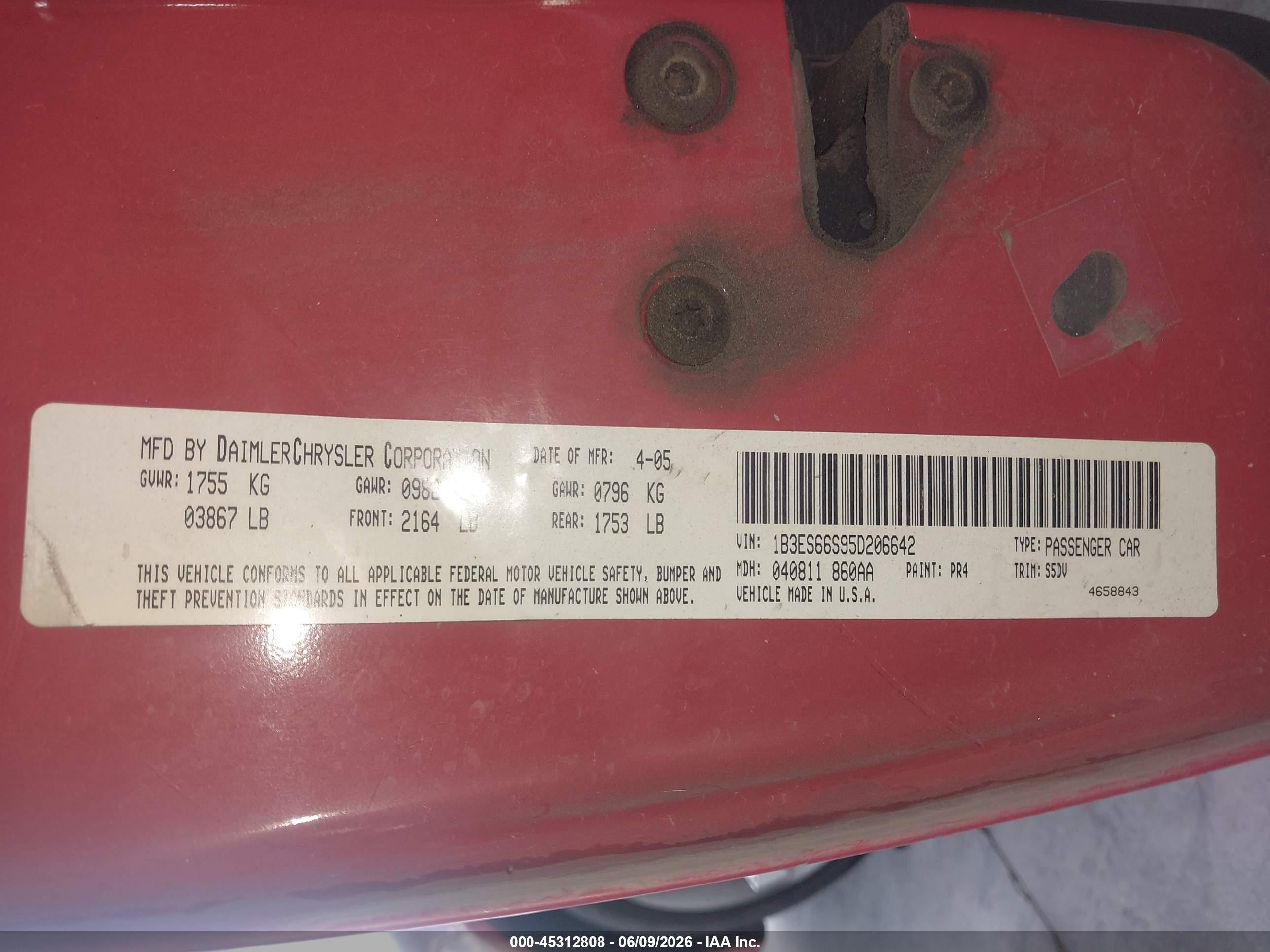 2005 Dodge Srt4   Красный vin: 1B3ES66S95D206642