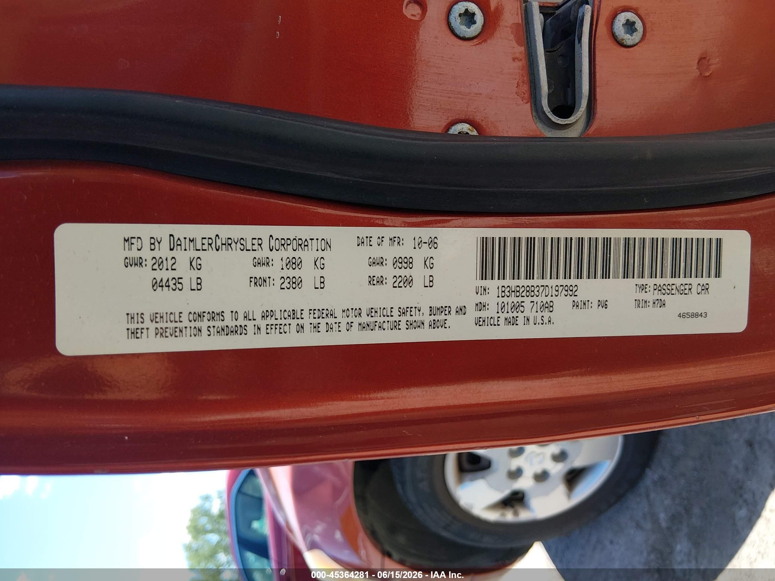 2007 Dodge Caliber   Оранжевый vin: 1B3HB28B37D197992