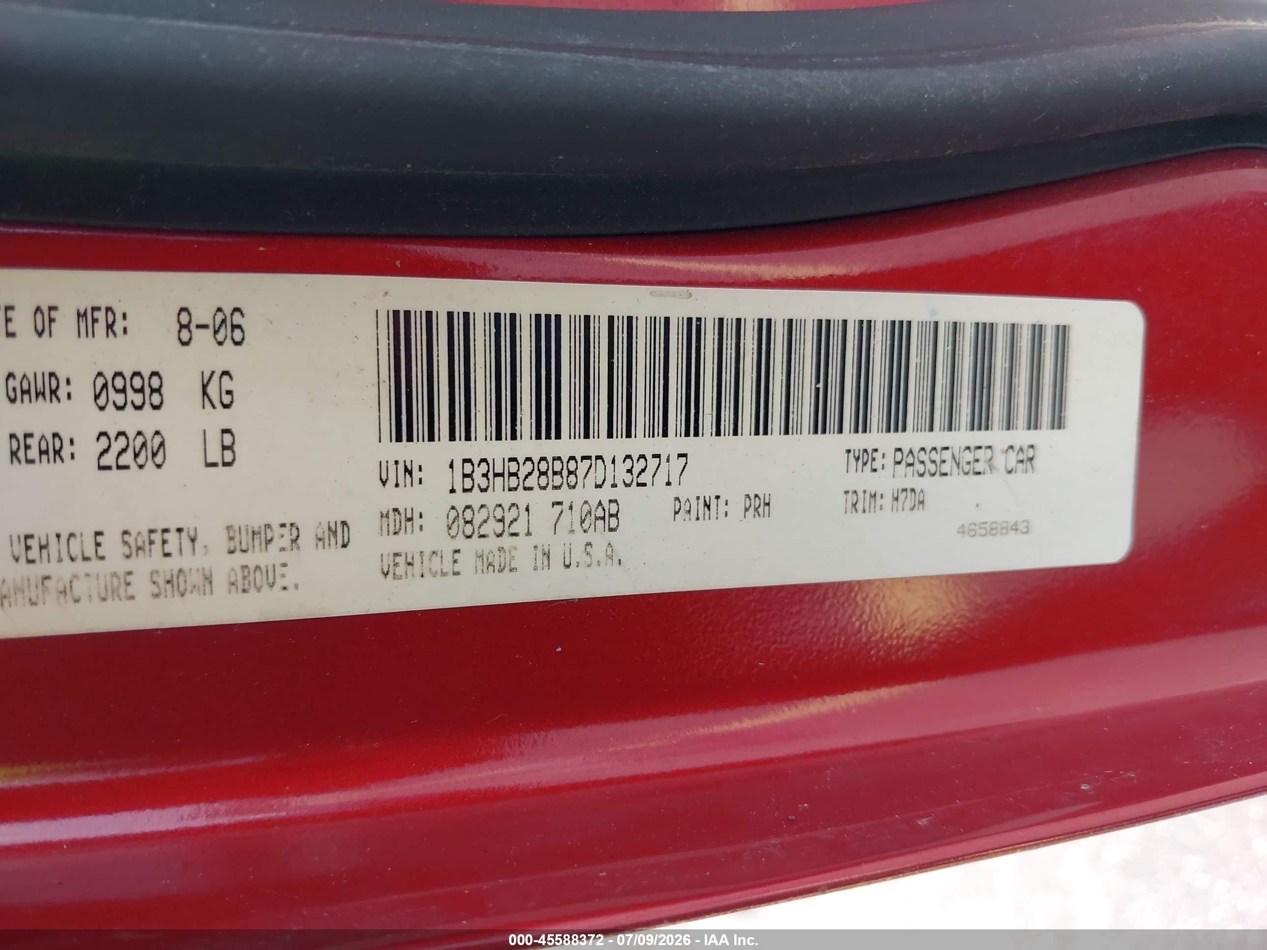 2007 Dodge Caliber   Red vin: 1B3HB28B87D132717