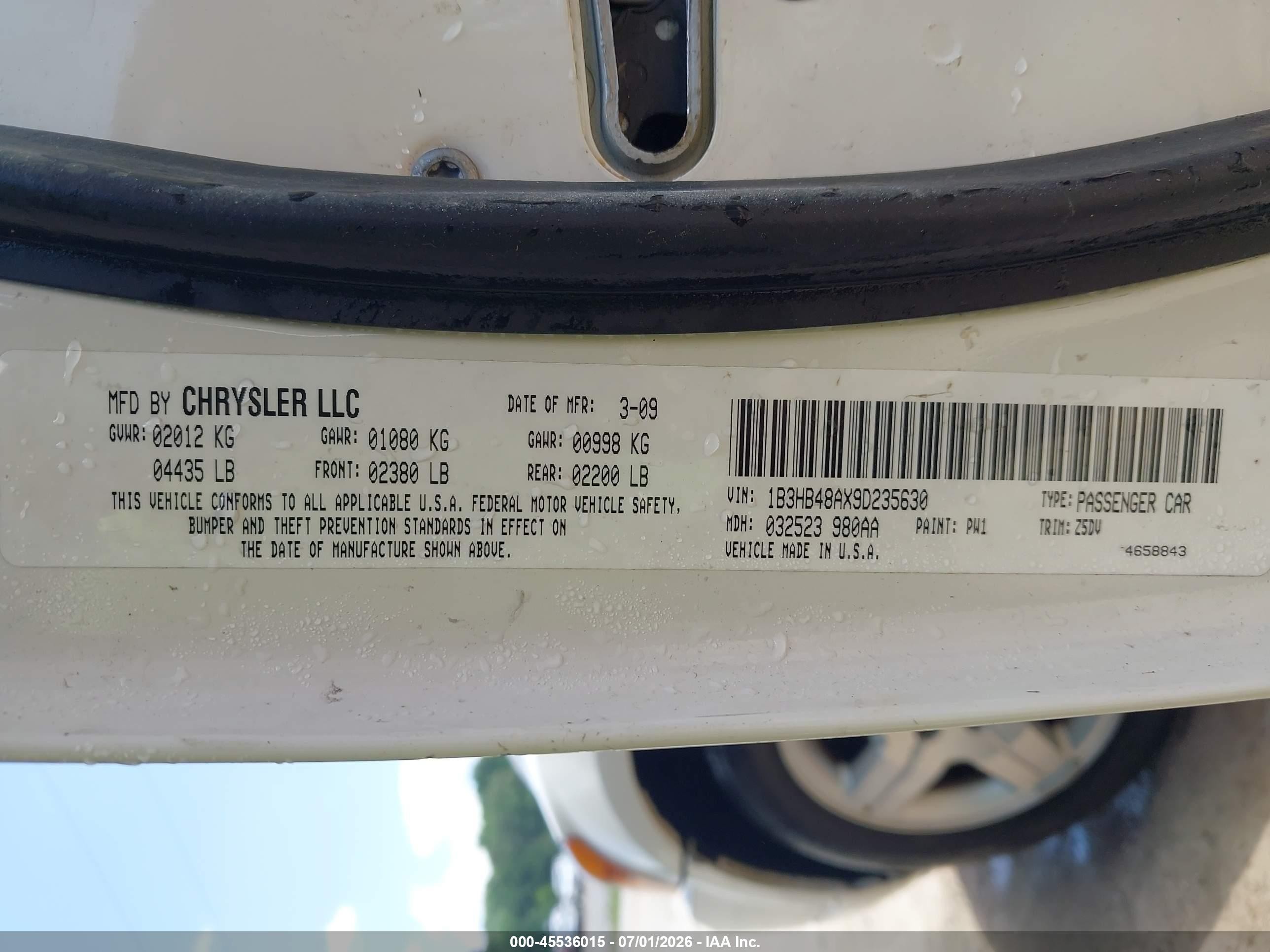 2009 Dodge Caliber Sxt White vin: 1B3HB48AX9D235630
